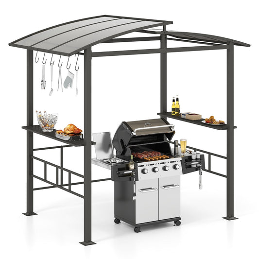 LIVSK Hardtop-Grillpaviljoen - Polycarbonaat Dak - 2 Zijplanken en 6 Ophanghaken - Stabiel en Veilig - 248 x 150 x 232 cm - Zwart