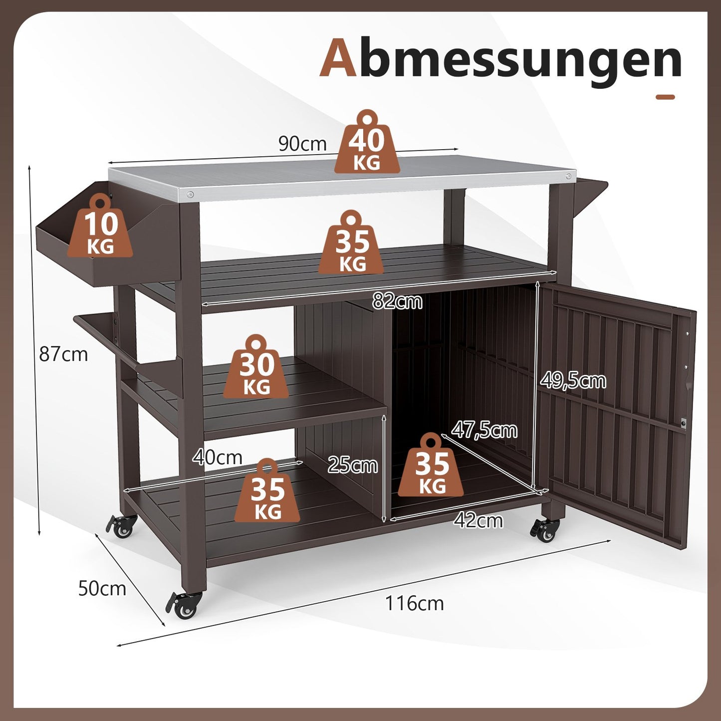 LIVSK Buiten-Grillwagen - Roestvrijstalen Werkblad - 3 Planken - Zwenkwielen - Voor Binnen & Buiten - Bruin + Zilver