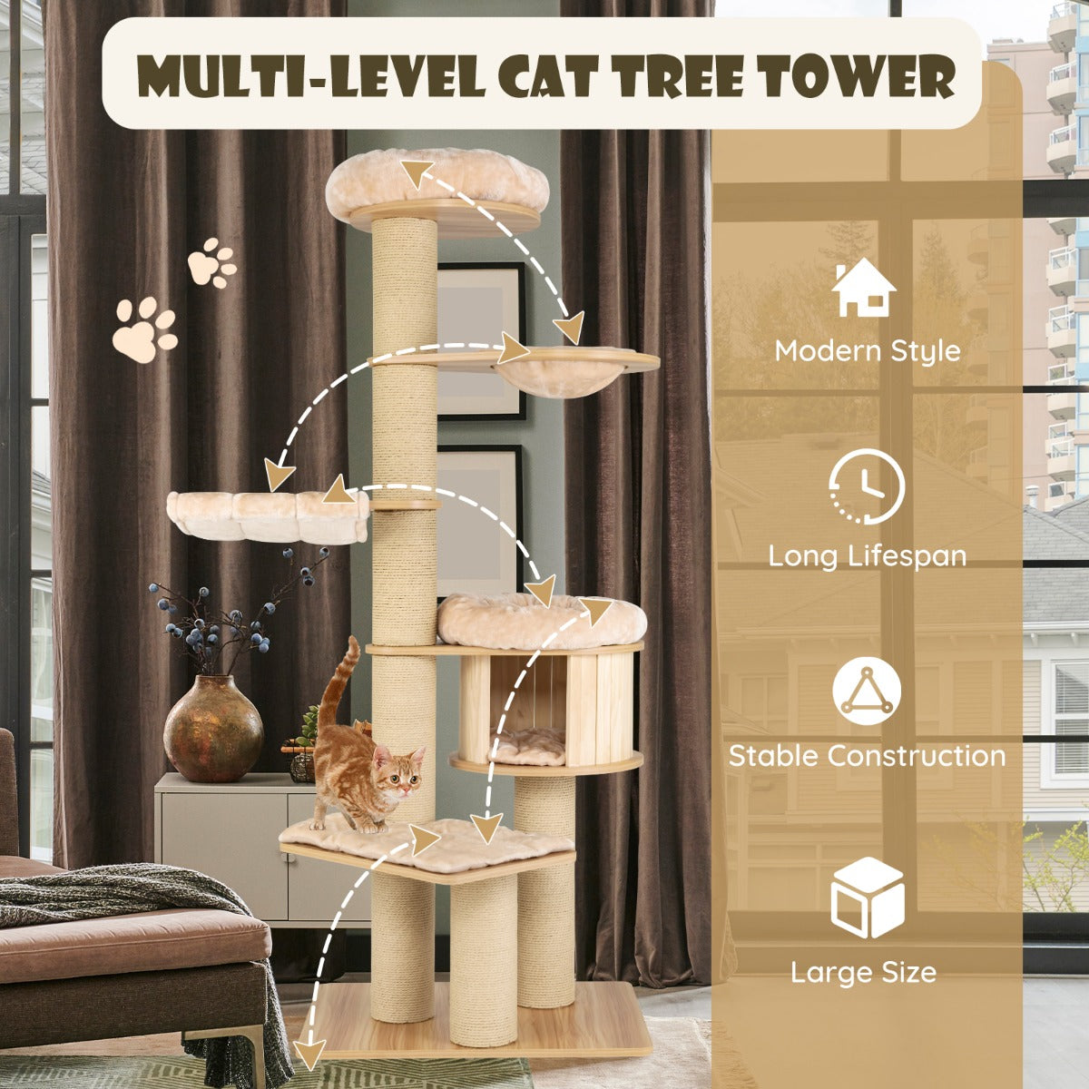 LIVSK Krabpaal voor Katten - Multi-Level met Hangmat en Mand - Veilig en Stevig - Wasbare Kussens - 75 x 56 x 191 cm - Beige