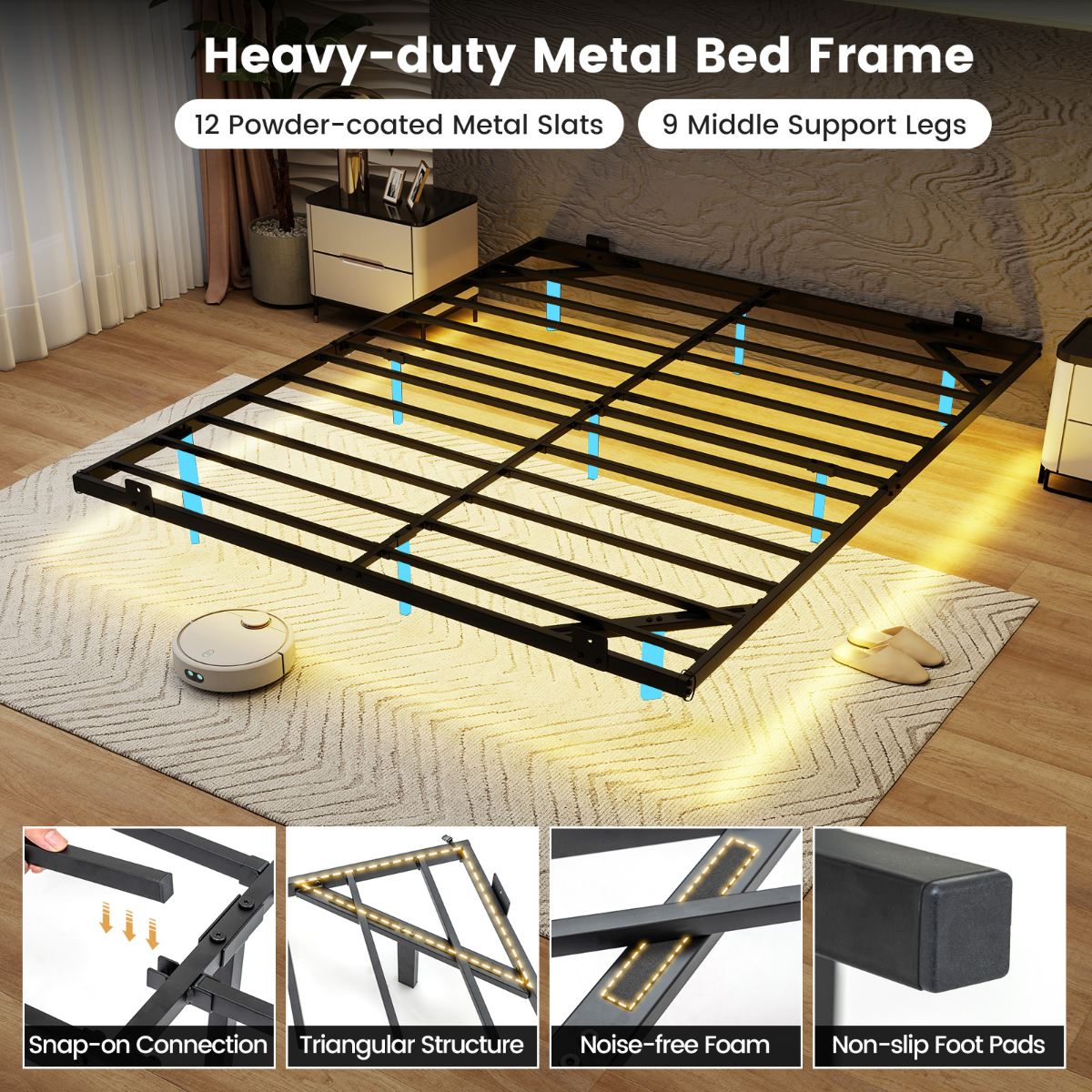 Livsk costway groot zwevend bedframe met ledverlichting modern metalen bedframe l 5