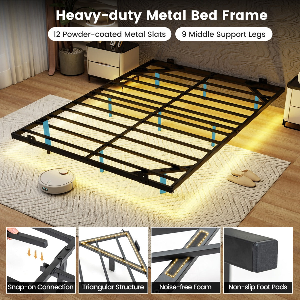 Livsk costway groot zwevend bedframe met ledverlichting modern metalen bedframe m 3