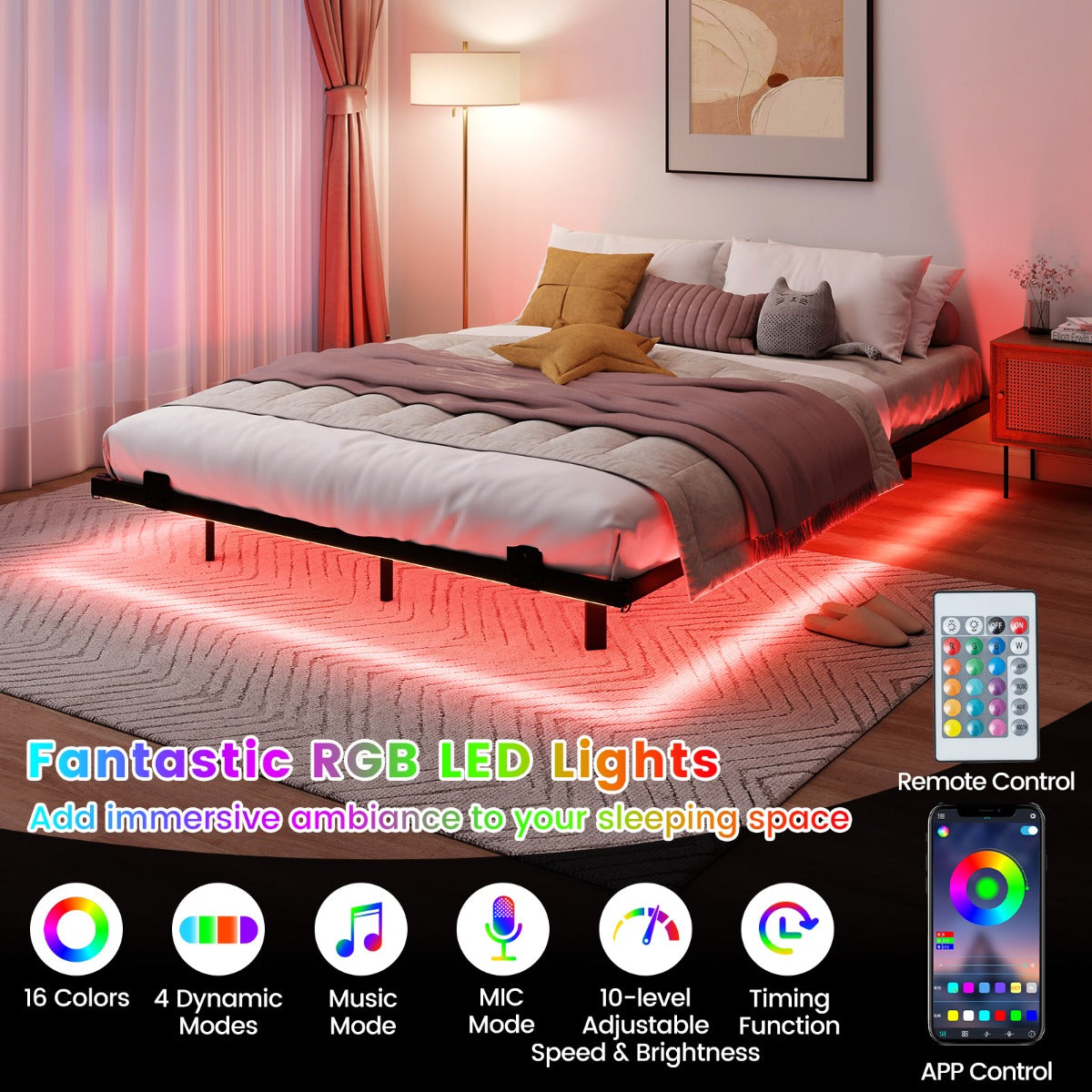 Livsk costway groot zwevend bedframe met ledverlichting modern metalen bedframe m 6