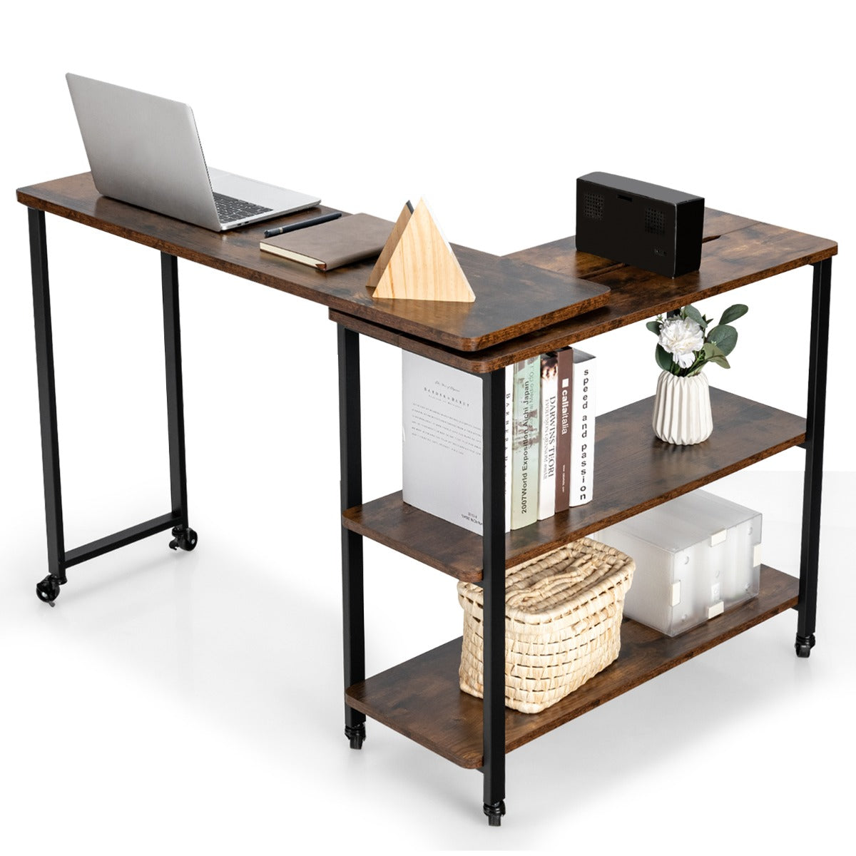 LIVSK Draaibare Bijzettafel met Opbergplanken - 360° Draaifunctie - Zwenkwielen - MDF/Hout - Tot 50 kg - Bruin