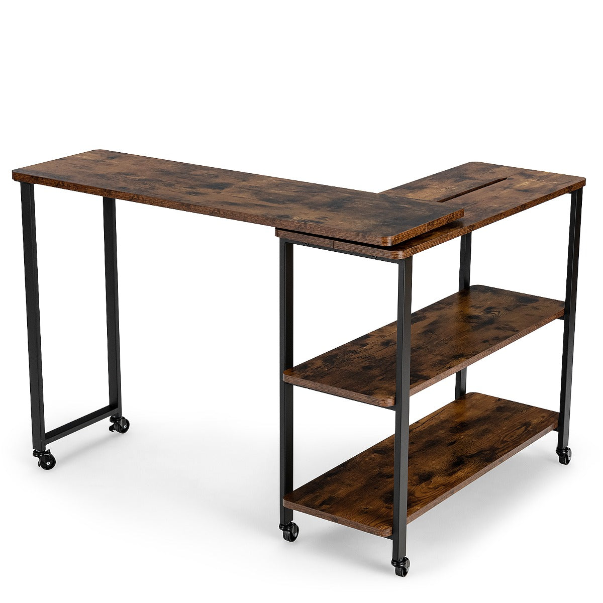LIVSK Draaibare Bijzettafel met Opbergplanken - 360° Draaifunctie - Zwenkwielen - MDF/Hout - Tot 50 kg - Bruin