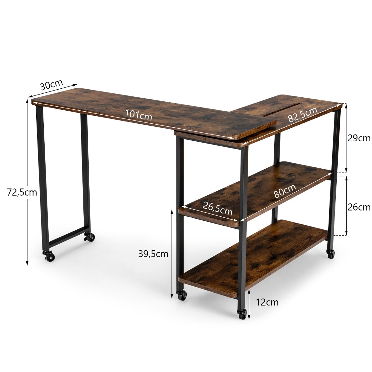 LIVSK Draaibare Bijzettafel met Opbergplanken - 360° Draaifunctie - Zwenkwielen - MDF/Hout - Tot 50 kg - Bruin