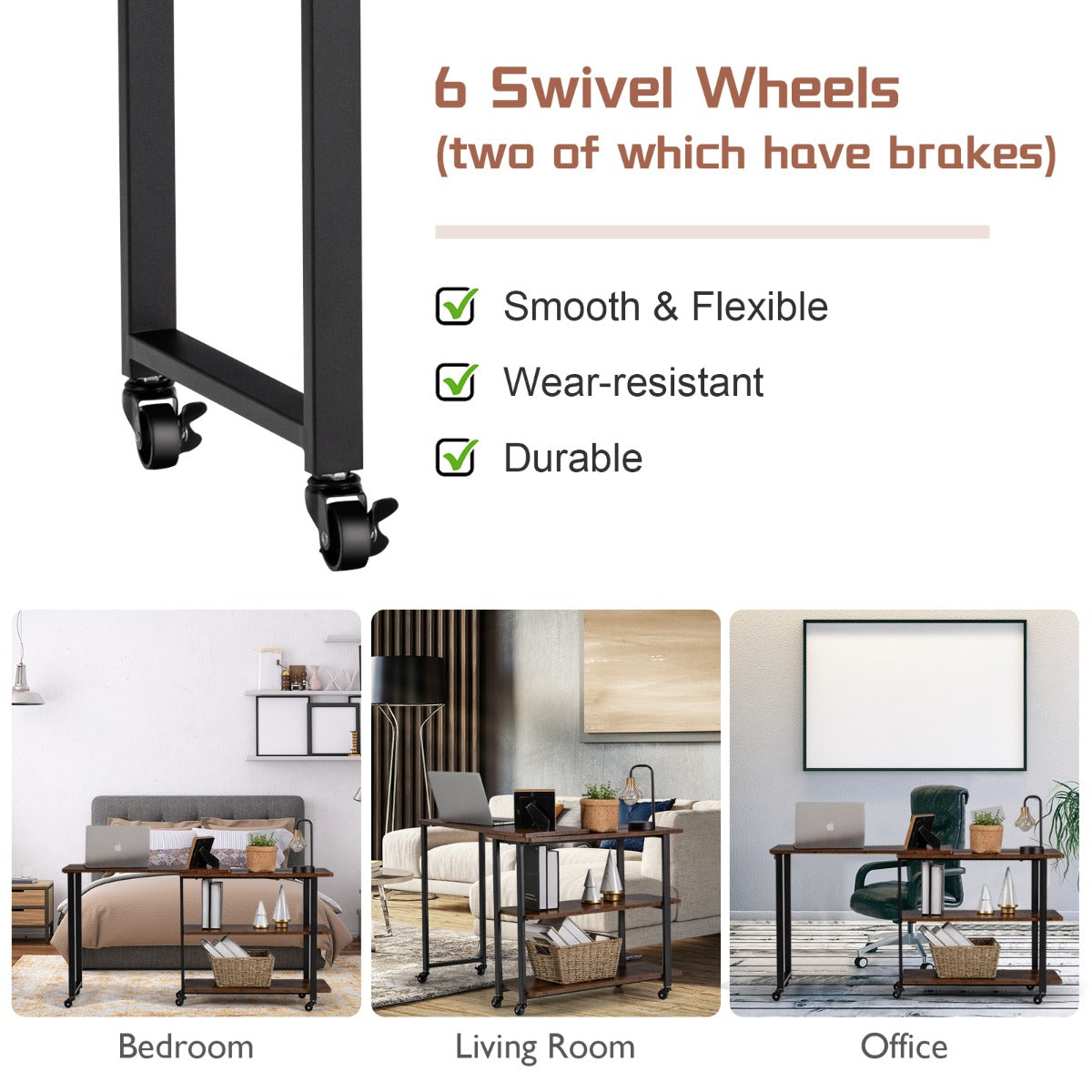 LIVSK Draaibare Bijzettafel met Opbergplanken - 360° Draaifunctie - Zwenkwielen - MDF/Hout - Tot 50 kg - Bruin