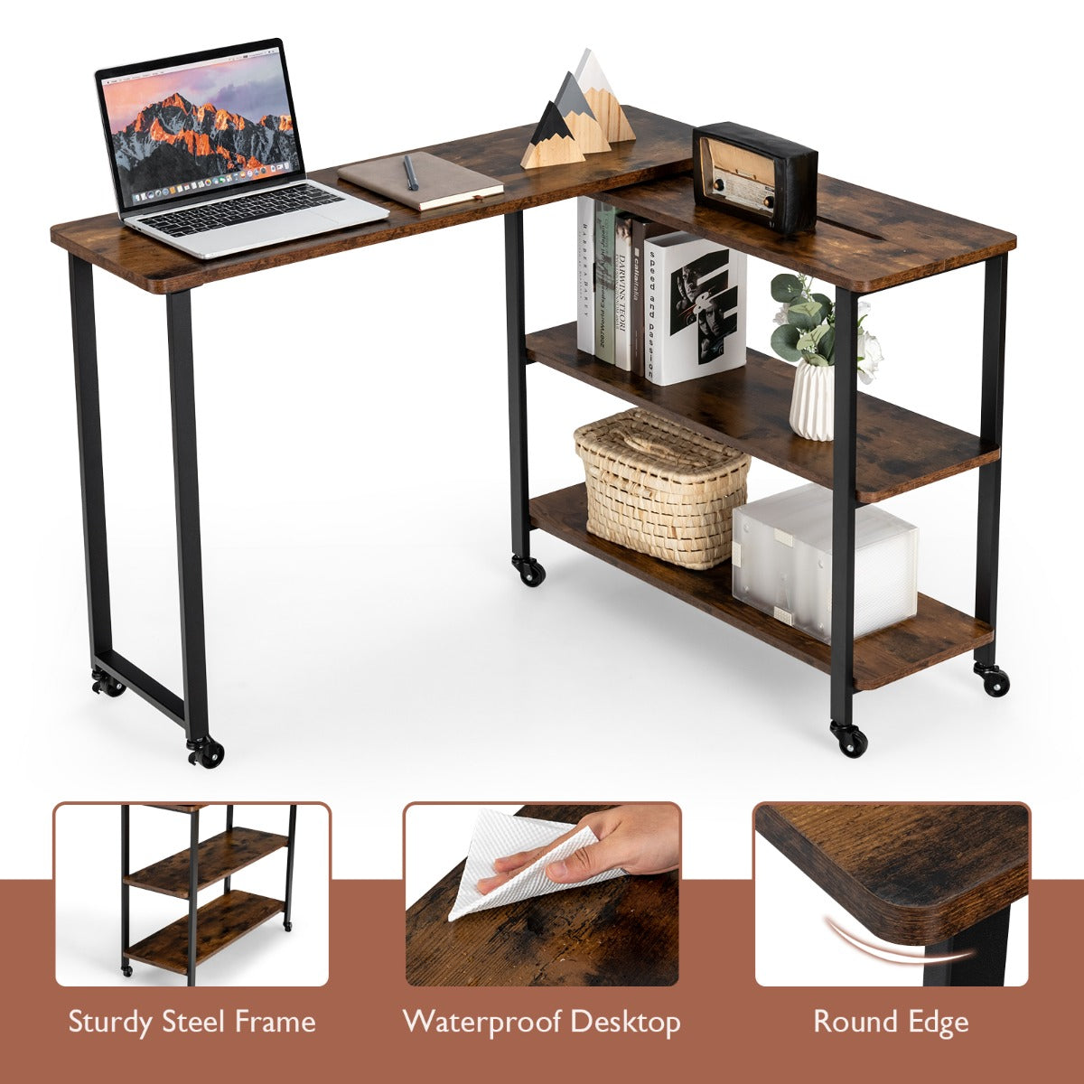LIVSK Draaibare Bijzettafel met Opbergplanken - 360° Draaifunctie - Zwenkwielen - MDF/Hout - Tot 50 kg - Bruin