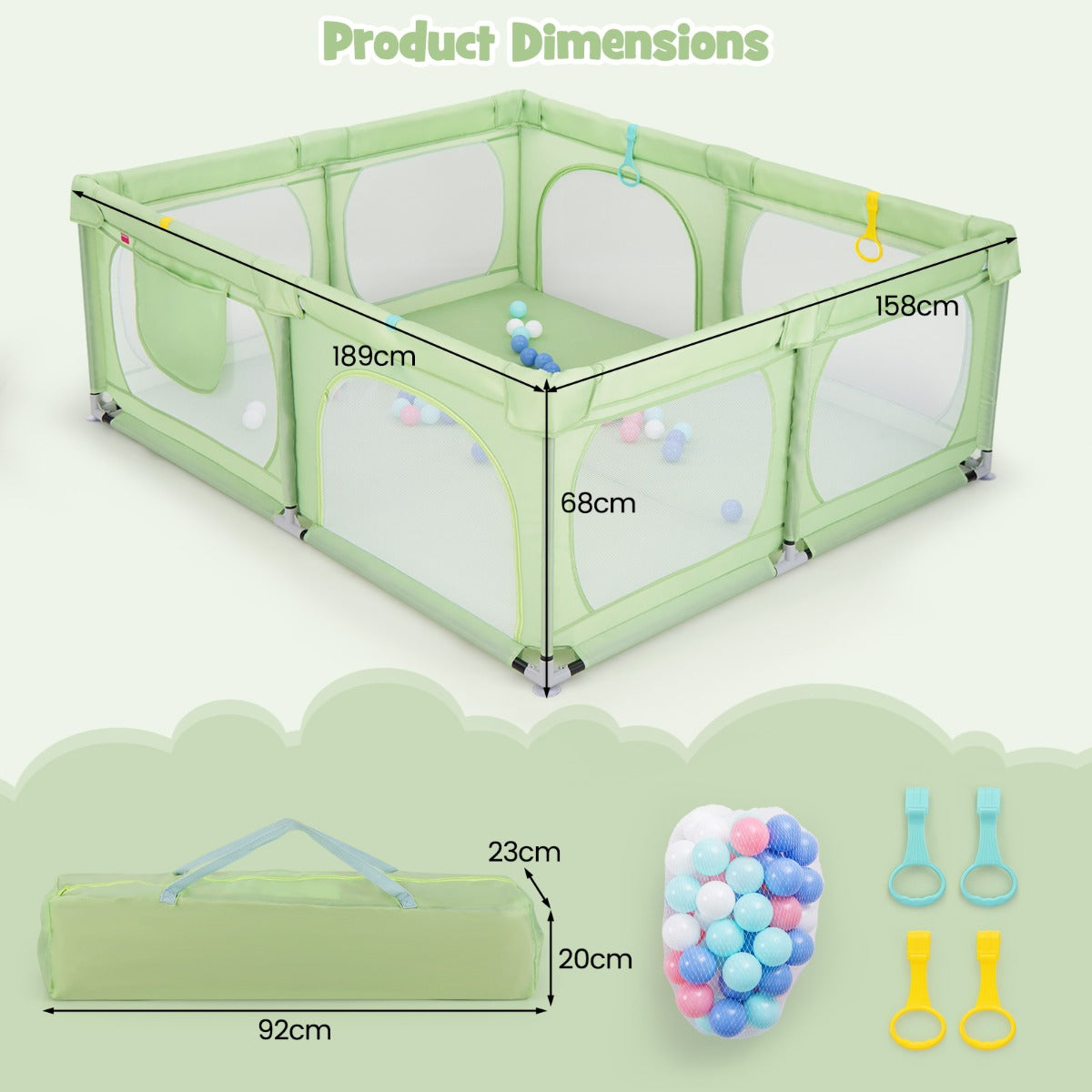 LIVSK Grote Babybox met 50 Oceaanballen - 4 Trekringen - Veiligheidsdeuren met Rits - Draagbare Tas - 190 x 158 x 68 cm - Groen