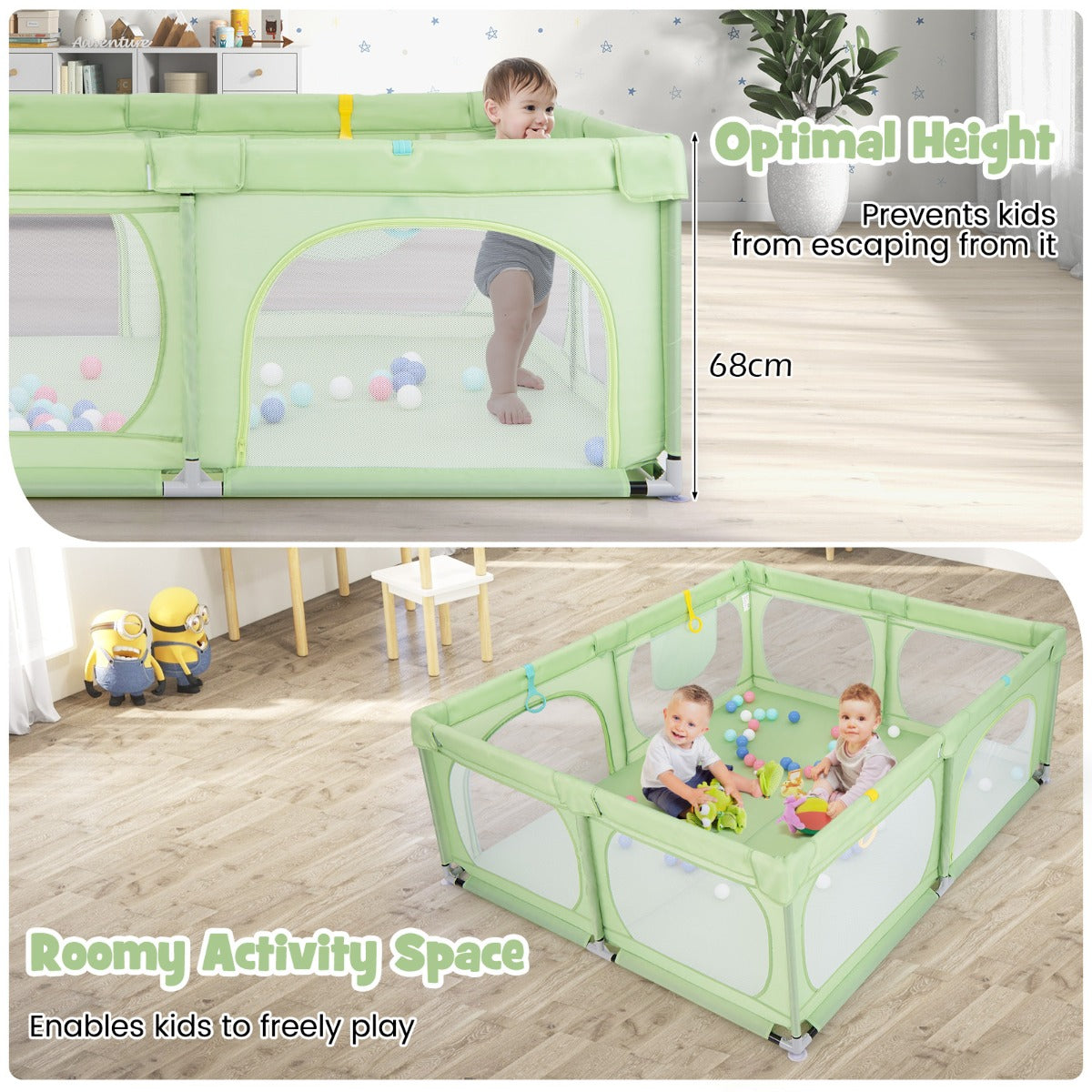 LIVSK Grote Babybox met 50 Oceaanballen - 4 Trekringen - Veiligheidsdeuren met Rits - Draagbare Tas - 190 x 158 x 68 cm - Groen