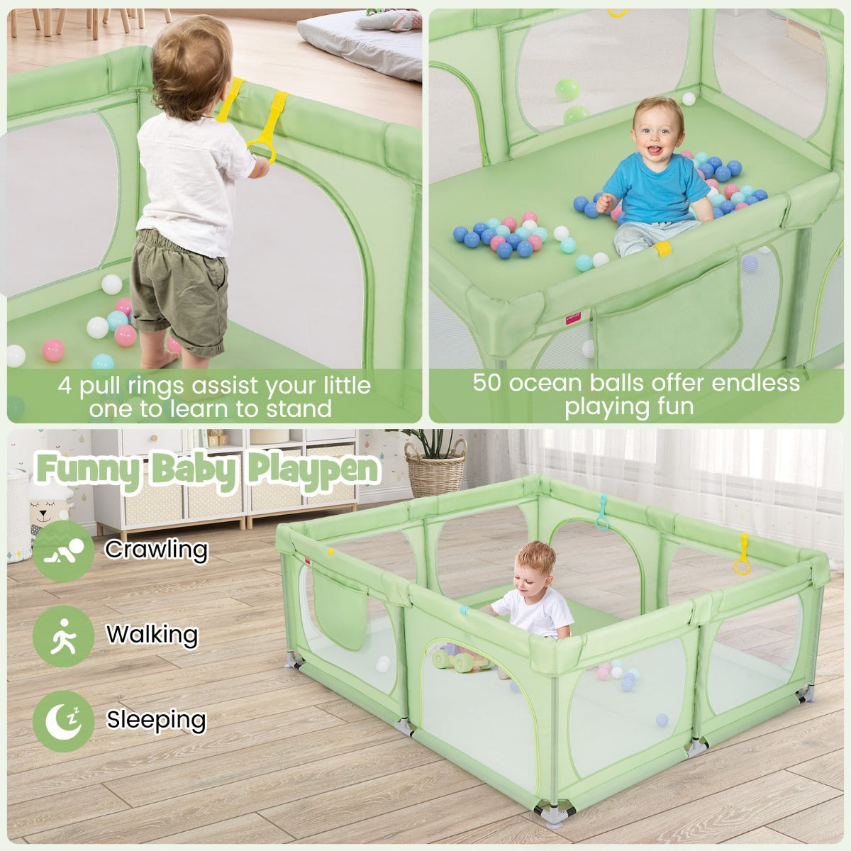 LIVSK Grote Babybox met 50 Oceaanballen - 4 Trekringen - Veiligheidsdeuren met Rits - Draagbare Tas - 190 x 158 x 68 cm - Groen