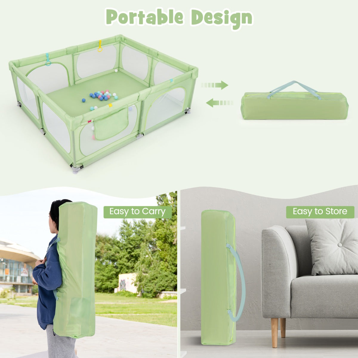 LIVSK Grote Babybox met 50 Oceaanballen - 4 Trekringen - Veiligheidsdeuren met Rits - Draagbare Tas - 190 x 158 x 68 cm - Groen