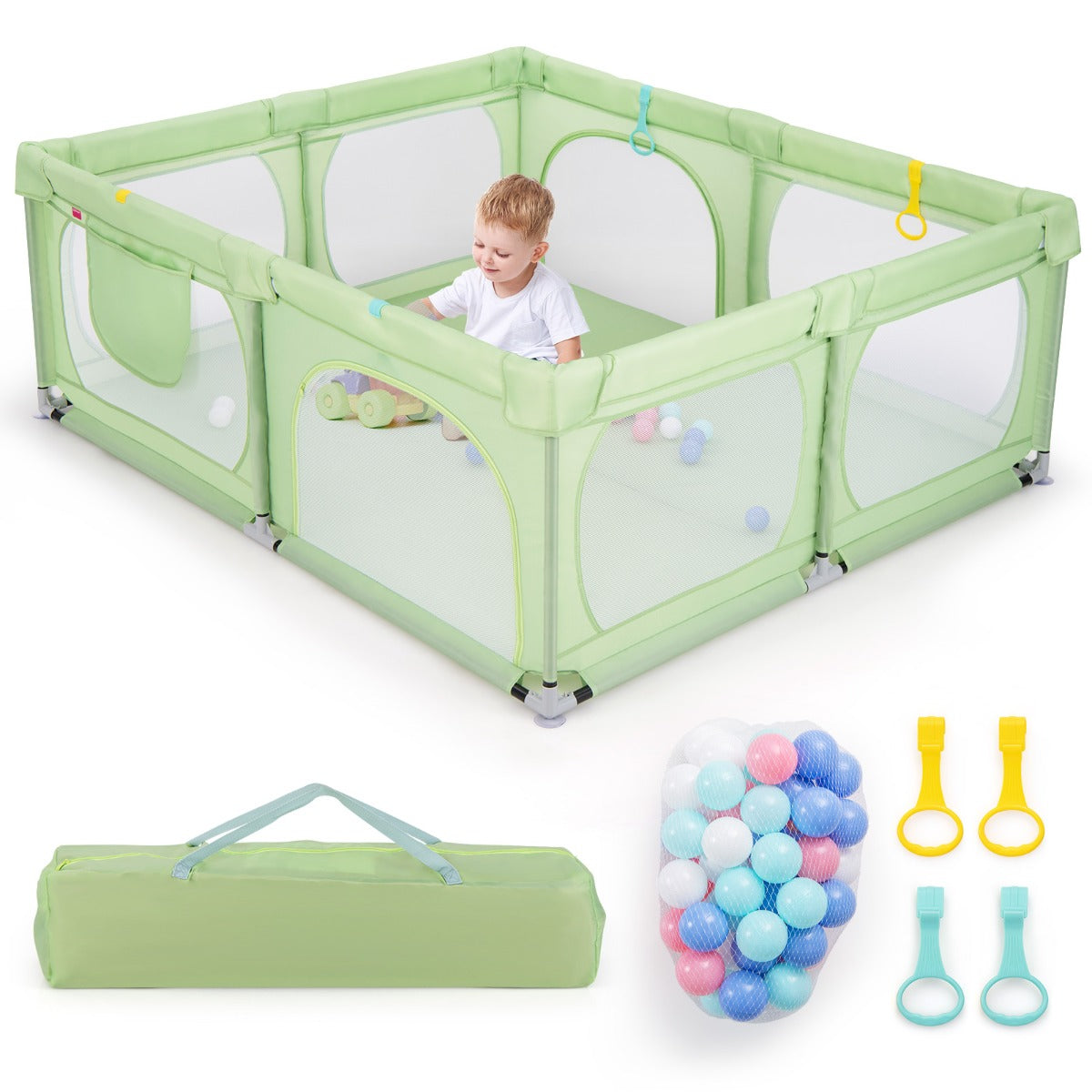 LIVSK Grote Babybox met 50 Oceaanballen - 4 Trekringen - Veiligheidsdeuren met Rits - Draagbare Tas - 190 x 158 x 68 cm - Groen