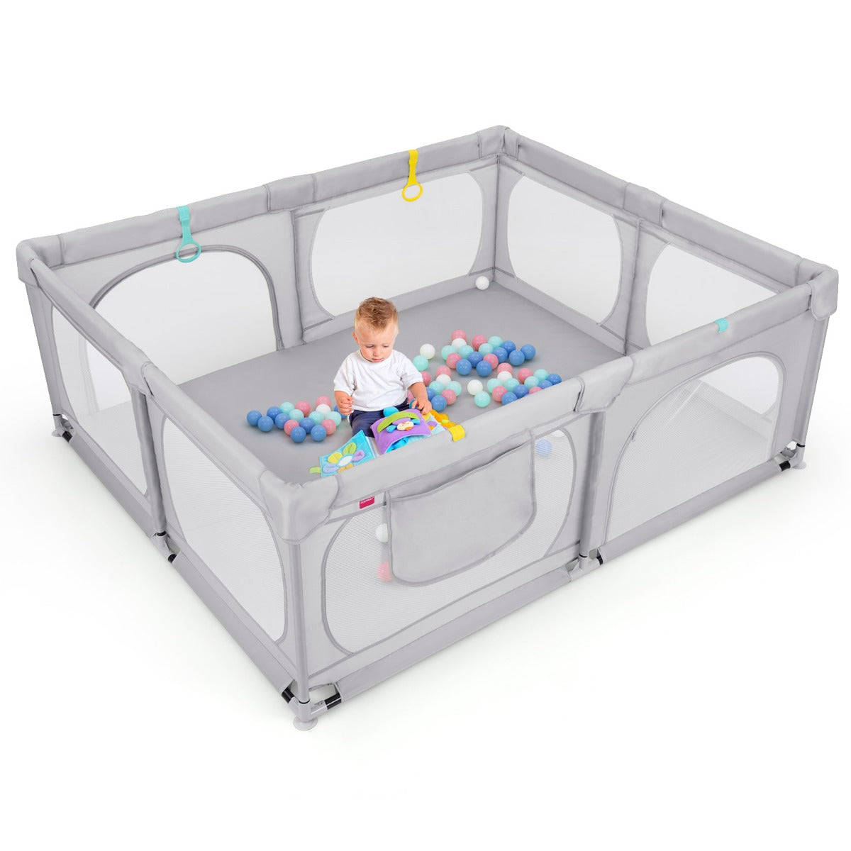 LIVSK Grote Babybox met 50 Oceaanballen - 4 Trekringen - Veiligheidsdeuren met Rits - Opbergvak - 190 x 158 x 68 cm - Lichtgrijs