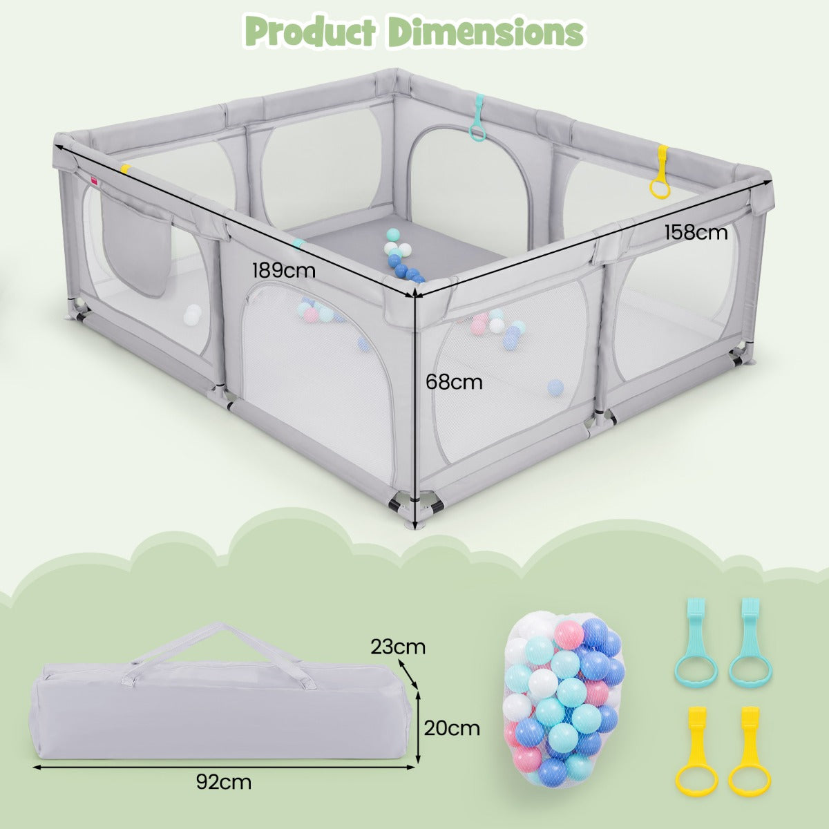 LIVSK Grote Babybox met 50 Oceaanballen - 4 Trekringen - Veiligheidsdeuren met Rits - Opbergvak - 190 x 158 x 68 cm - Lichtgrijs
