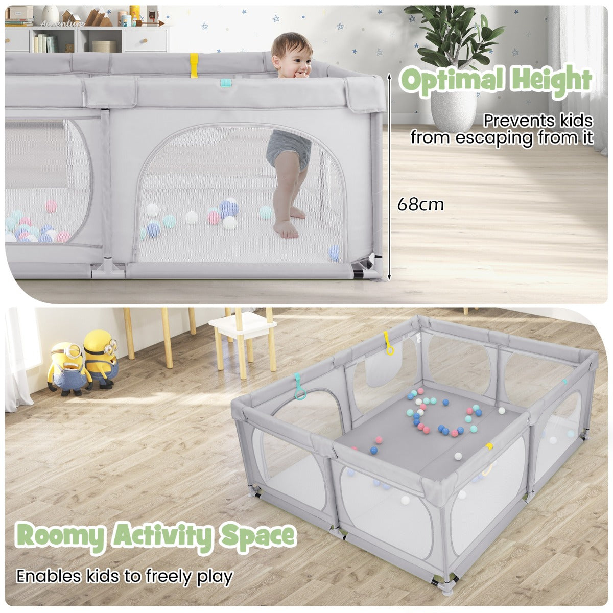 LIVSK Grote Babybox met 50 Oceaanballen - 4 Trekringen - Veiligheidsdeuren met Rits - Opbergvak - 190 x 158 x 68 cm - Lichtgrijs