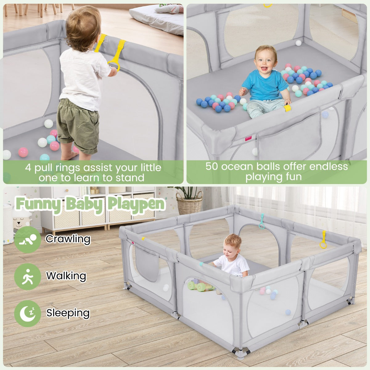 LIVSK Grote Babybox met 50 Oceaanballen - 4 Trekringen - Veiligheidsdeuren met Rits - Opbergvak - 190 x 158 x 68 cm - Lichtgrijs