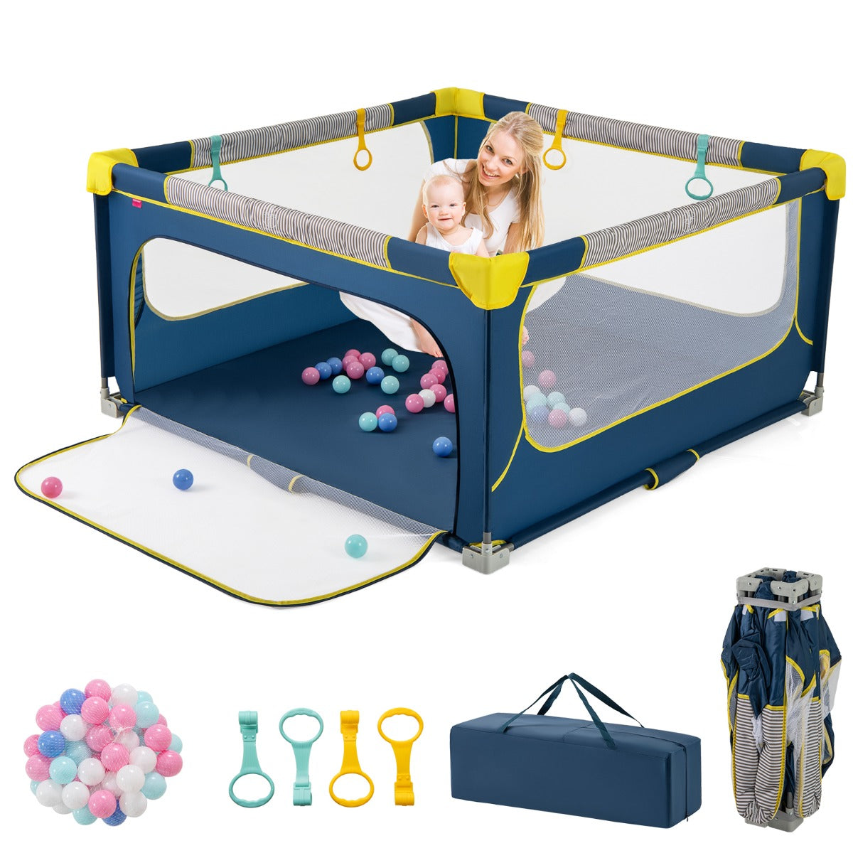 Livsk costway grote babybox opvouwbaar peuterveiligheidshek met ritssluiting 50 zeeballen en 4 hijsringen binnen en buitenactiviteitencentrum donkerblauw