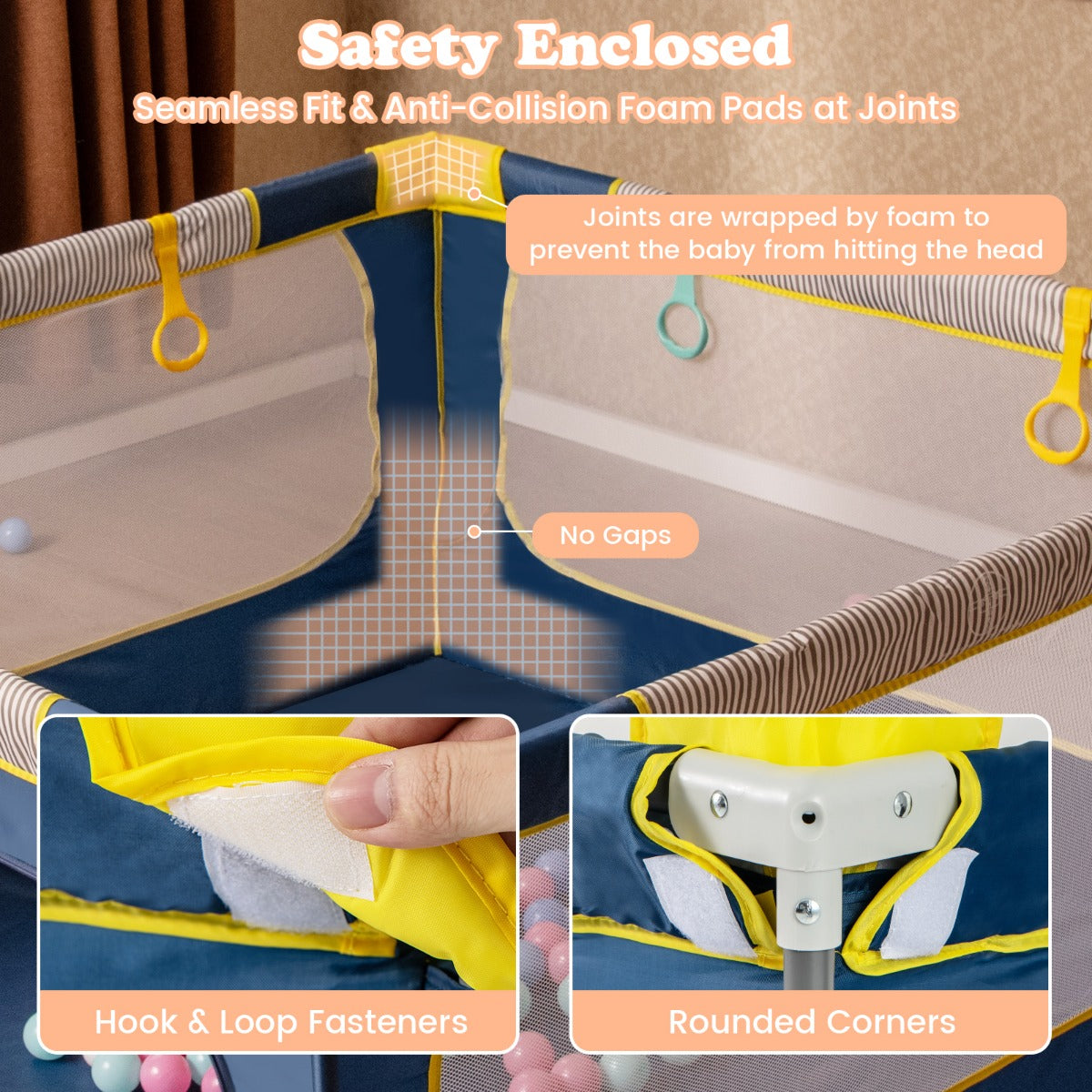 Livsk costway grote babybox opvouwbaar peuterveiligheidshek met ritssluiting 50 zeeballen en 4 hijsringen binnen en buitenactiviteitencentrum donkerblauw 5