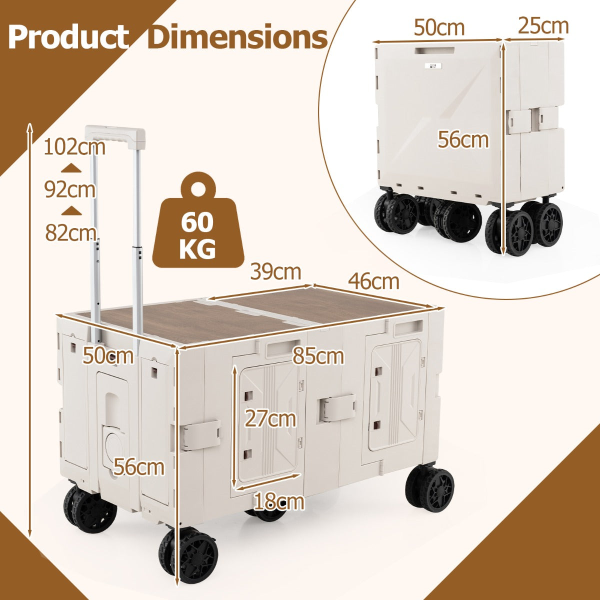 LIVSK Opvouwbare Trolley - 150 L Opslagcapaciteit - Verstelbare Handgreep - 5 Zwenkwielen - Voor Boodschappen en Kamperen - Wit