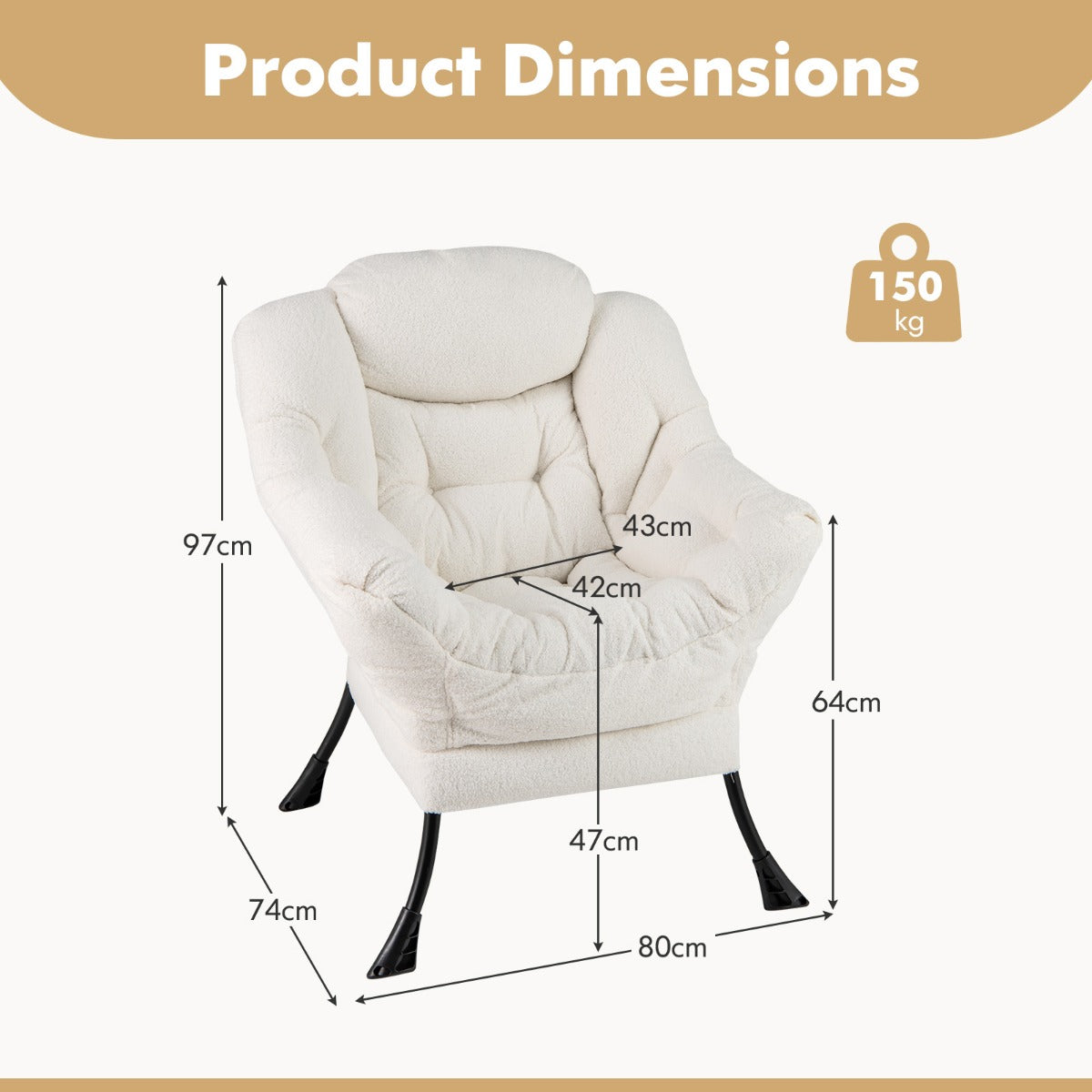 LIVSK Vrijetijdsstoel - Ergonomisch Design met Gewatteerde Rugleuning - Zijvak - Afneembare Bekleding - Tot 150 kg - Beige