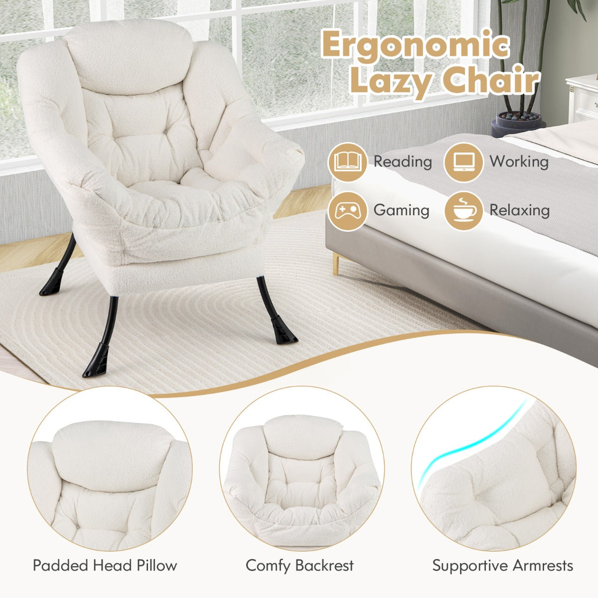 LIVSK Vrijetijdsstoel - Ergonomisch Design met Gewatteerde Rugleuning - Zijvak - Afneembare Bekleding - Tot 150 kg - Beige