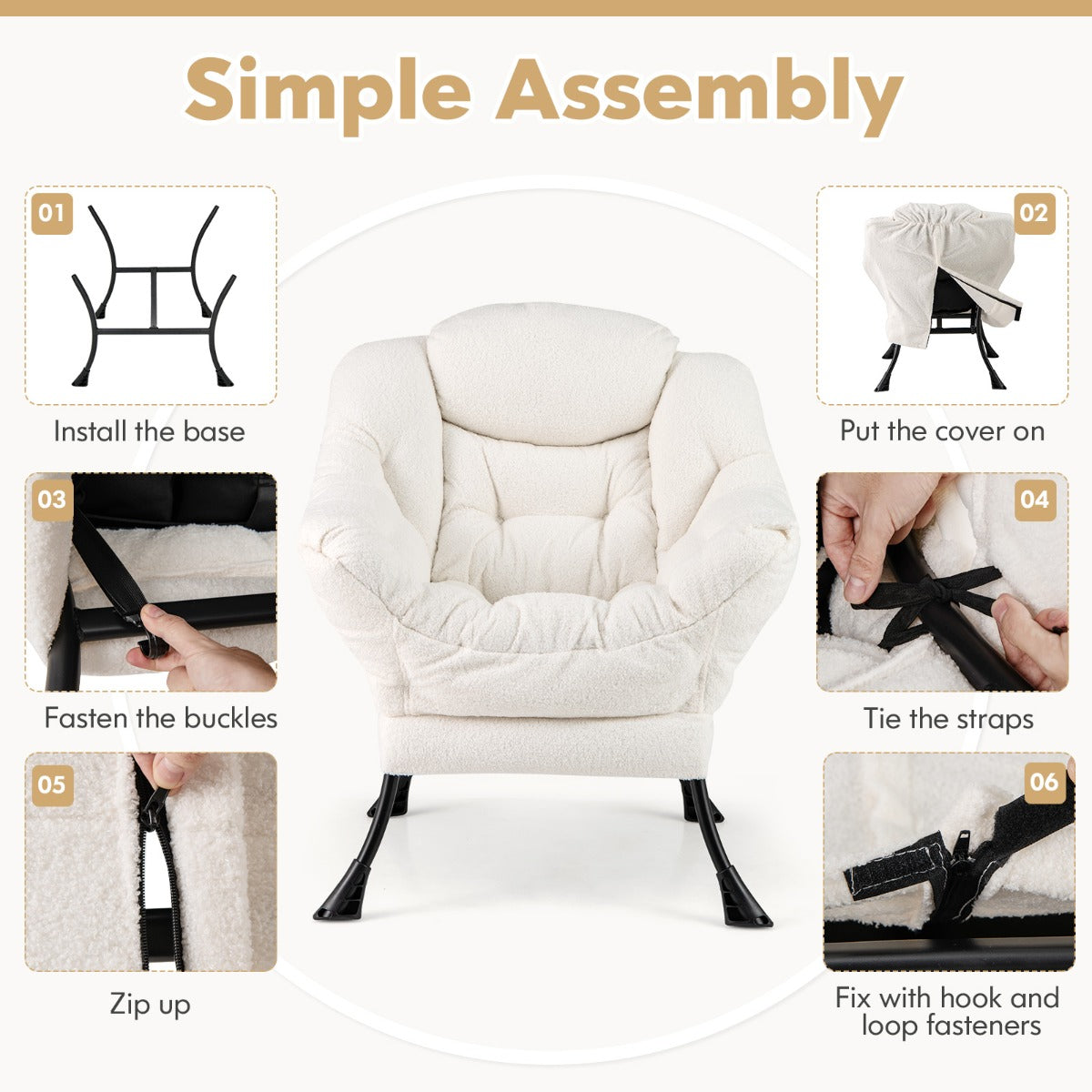 LIVSK Vrijetijdsstoel - Ergonomisch Design met Gewatteerde Rugleuning - Zijvak - Afneembare Bekleding - Tot 150 kg - Beige