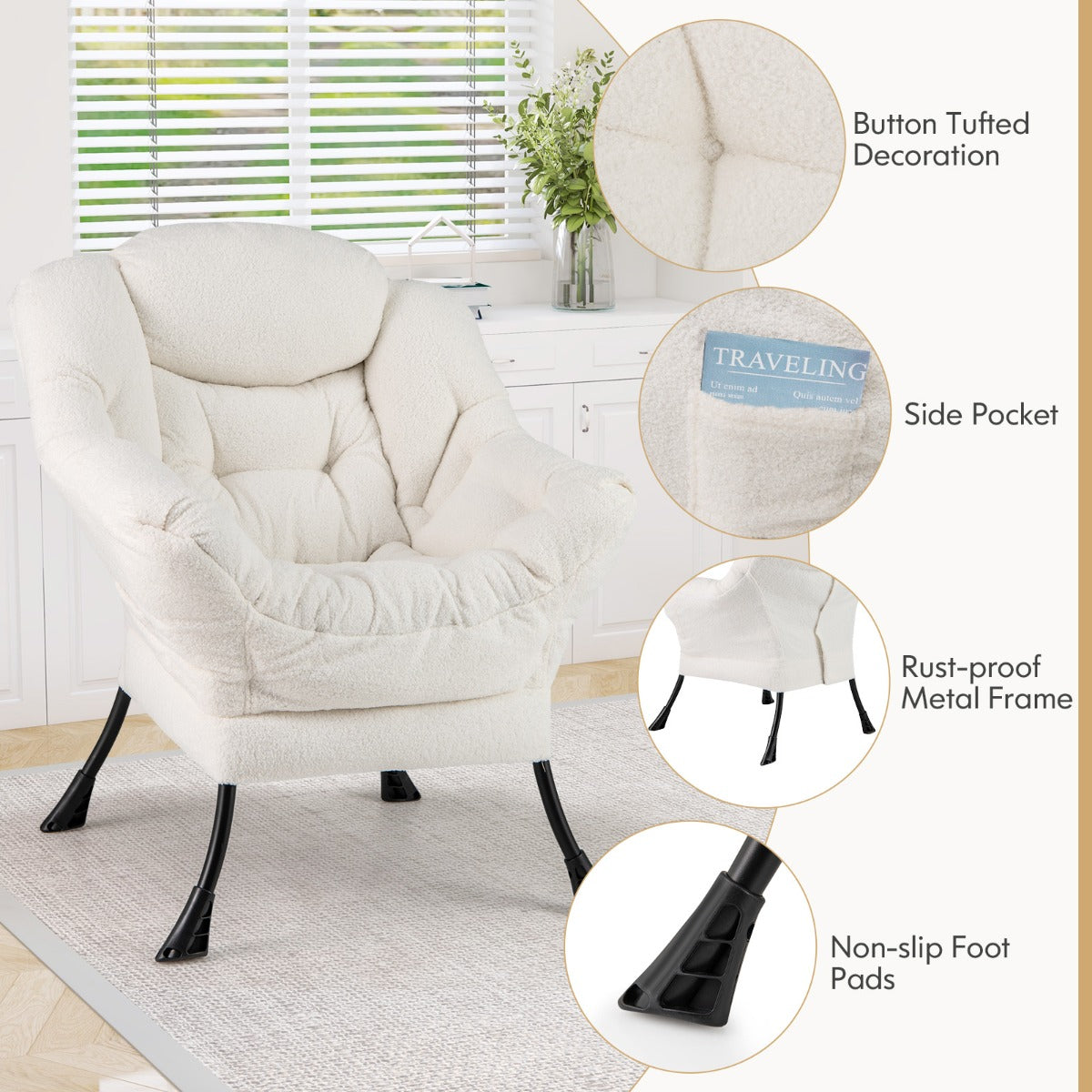 LIVSK Vrijetijdsstoel - Ergonomisch Design met Gewatteerde Rugleuning - Zijvak - Afneembare Bekleding - Tot 150 kg - Beige