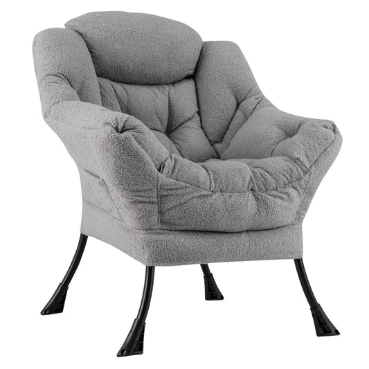 LIVSK Ergonomische Relaxstoel - Gewatteerde Rugleuning met Hoofdkussen - Zijvak - Stevig Metalen Frame - Tot 150 kg - Grijs