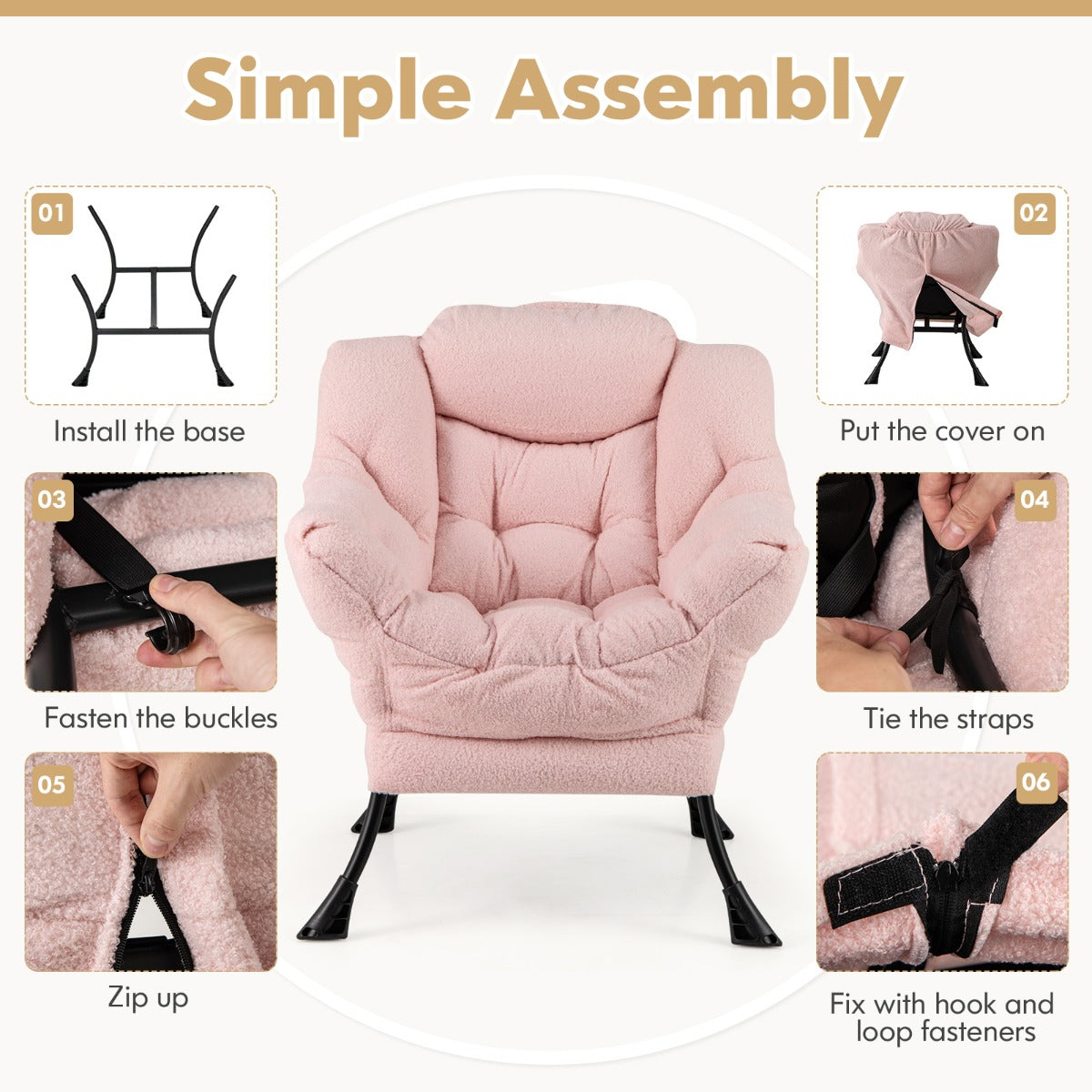 LIVSK Vrijetijdsstoel - Ergonomisch Ontwerp met Sherpa Bekleding - Metalen Frame - Zijvak - Tot 150 kg - Beige
