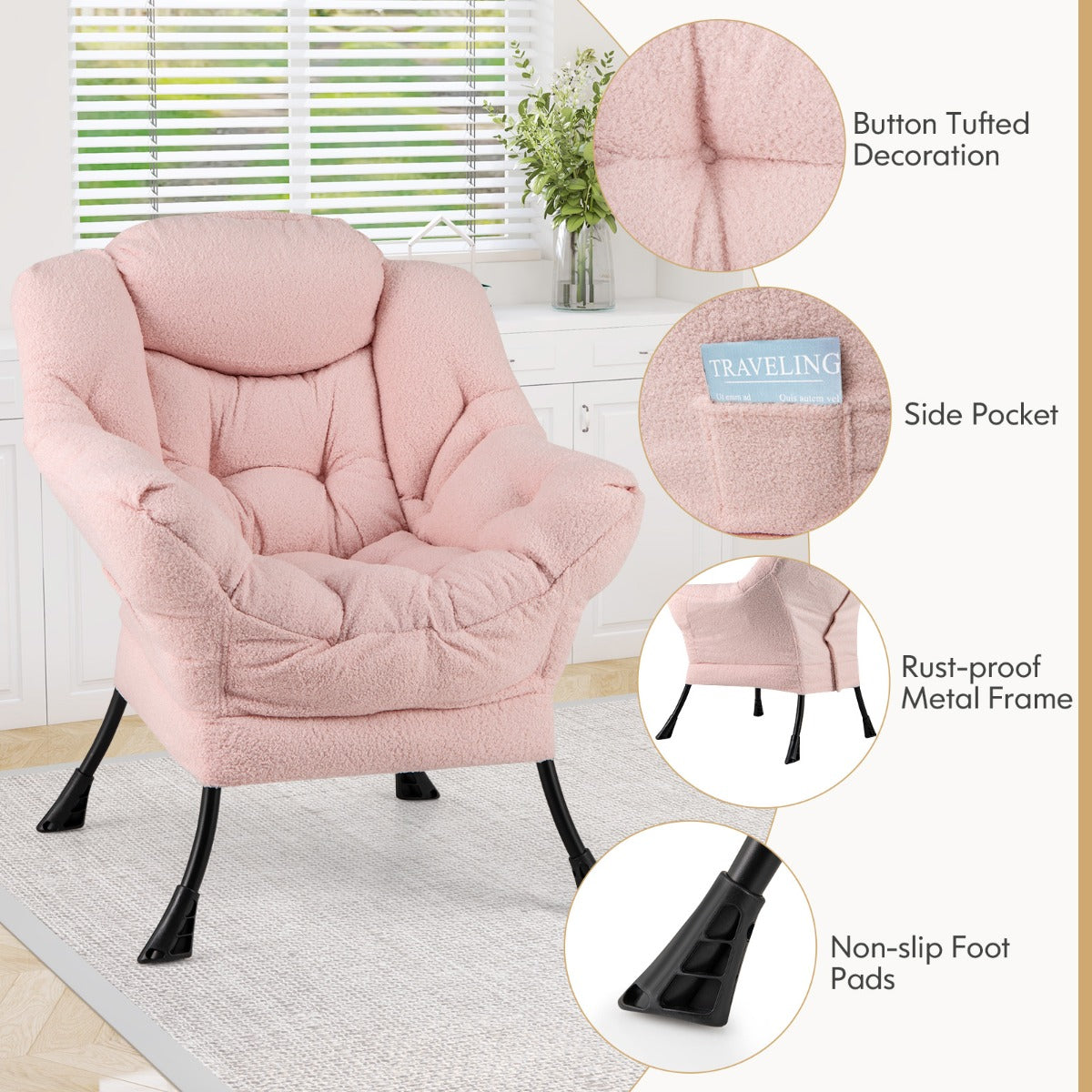 LIVSK Vrijetijdsstoel - Ergonomisch Ontwerp met Sherpa Bekleding - Metalen Frame - Zijvak - Tot 150 kg - Beige