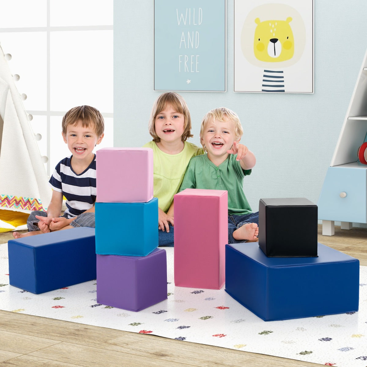 Livsk costway grote schuimrubberen bouwstenen 7 delige stapelbare en beklimbare schuimrubberen set zachte speelgoedset voor peuters en kinderen kleurrijk 6
