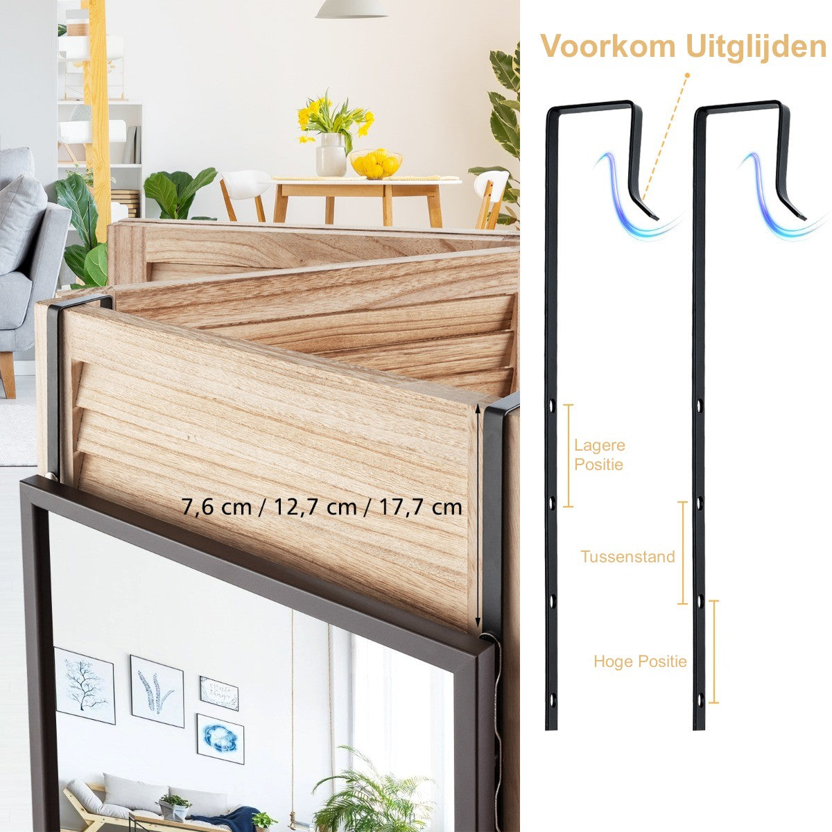 LIVSK Wandspiegel - Ruimtebesparend en Verstelbaar - Hoogwaardig Onbreekbaar Glas - Stabiel Ijzeren Frame - 107 x 36,5 cm - Bruin