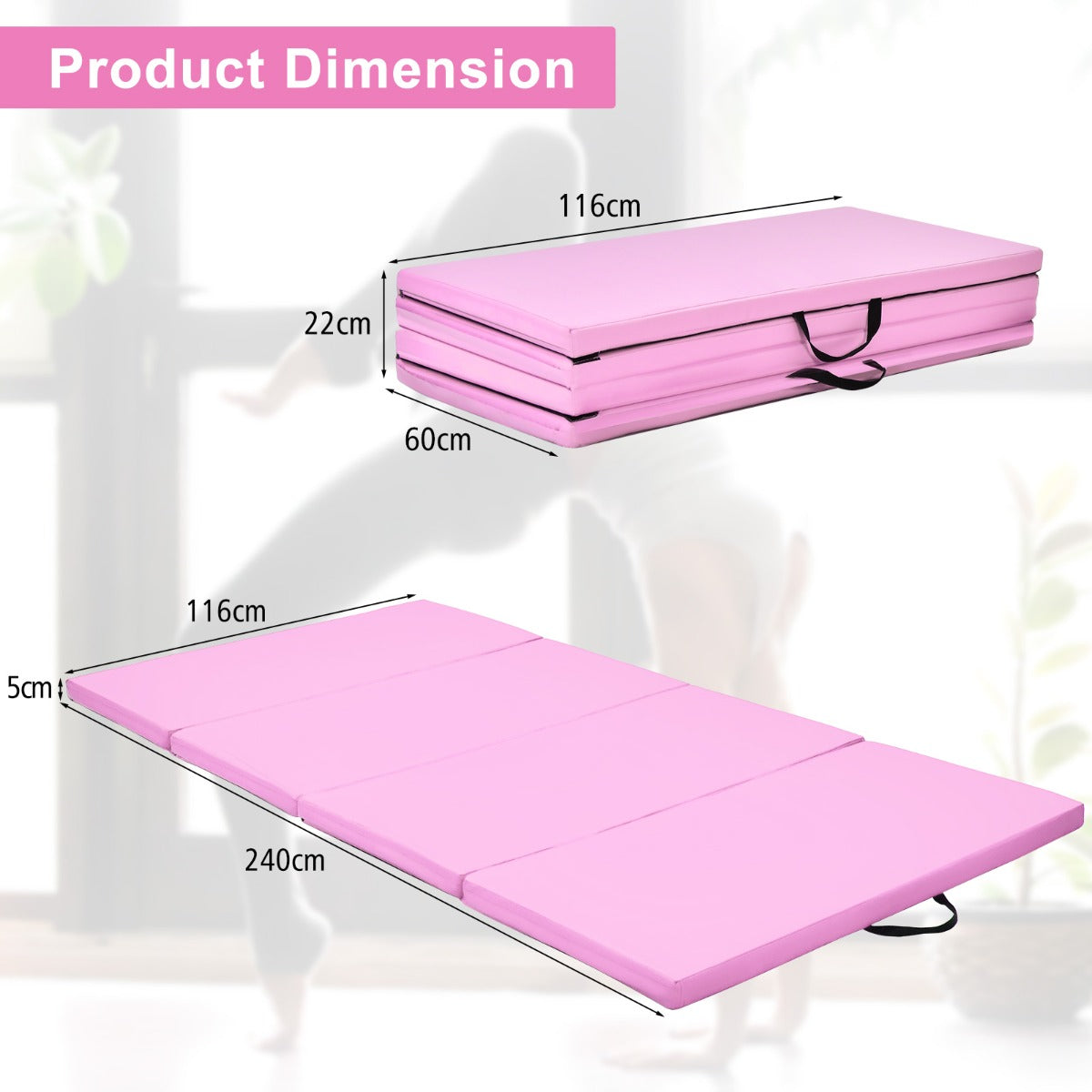 LIVSK Opvouwbare Gymnastiekmat - 240 x 116 x 5 cm - EPE-schuim - Waterdichte PU-hoes - Klittenband voor combinatie - Roze