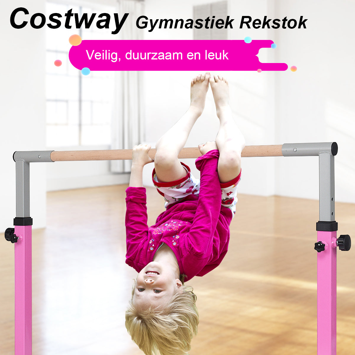LIVSK Gymnastiek Rekstok - Verstelbaar van 90 tot 150 cm - Stalen Constructie - Antislip - Tot 100 kg - Roze