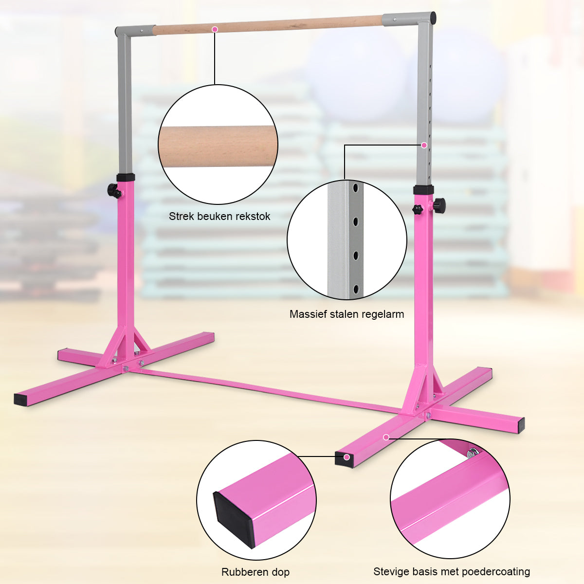 LIVSK Gymnastiek Rekstok - Verstelbaar van 90 tot 150 cm - Stalen Constructie - Antislip - Tot 100 kg - Roze