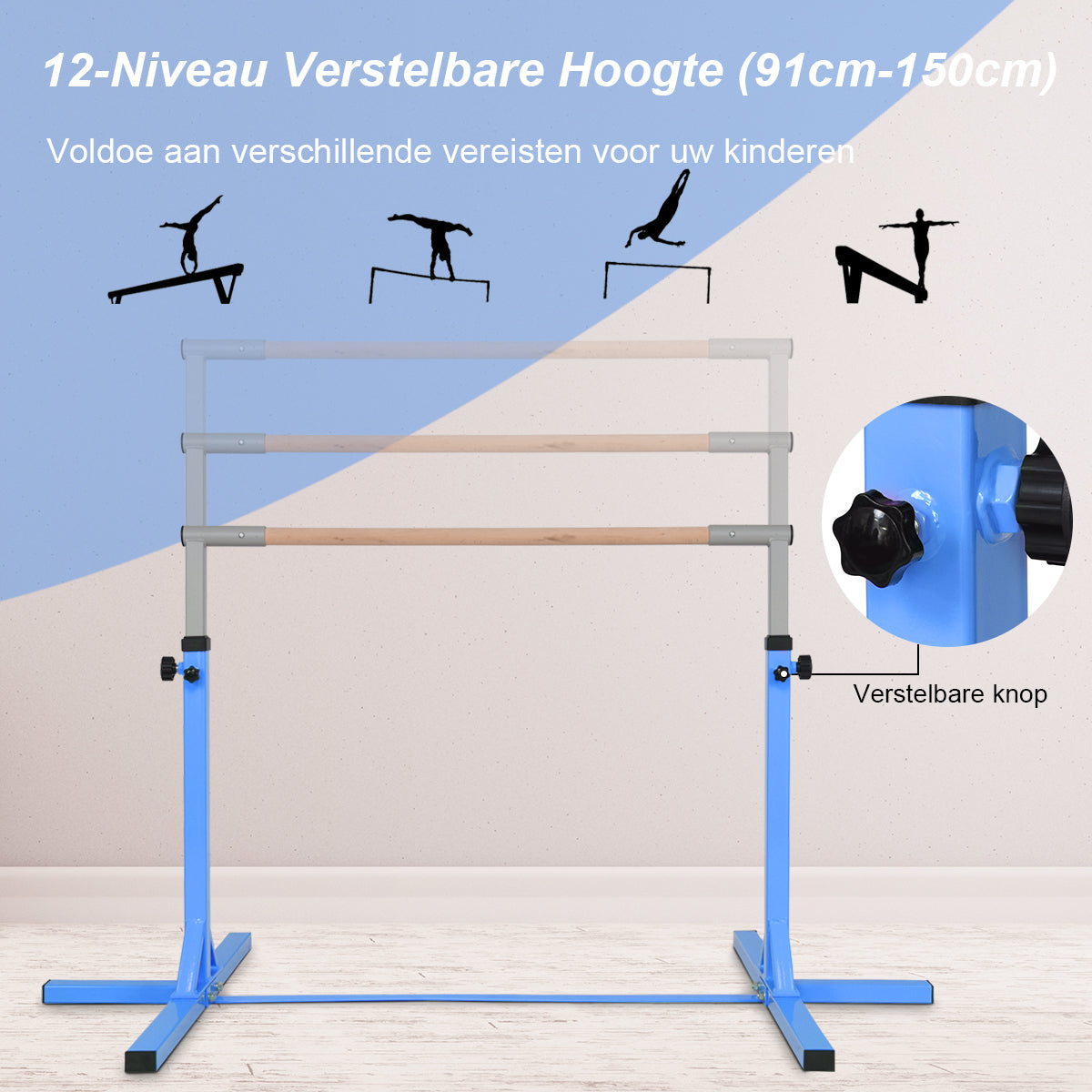 LIVSK Gymnastiek Rekstok - Hoogteverstelbaar - Stalen Constructie - Tot 100 kg - Antislip - Voor Kinderen - Blauw