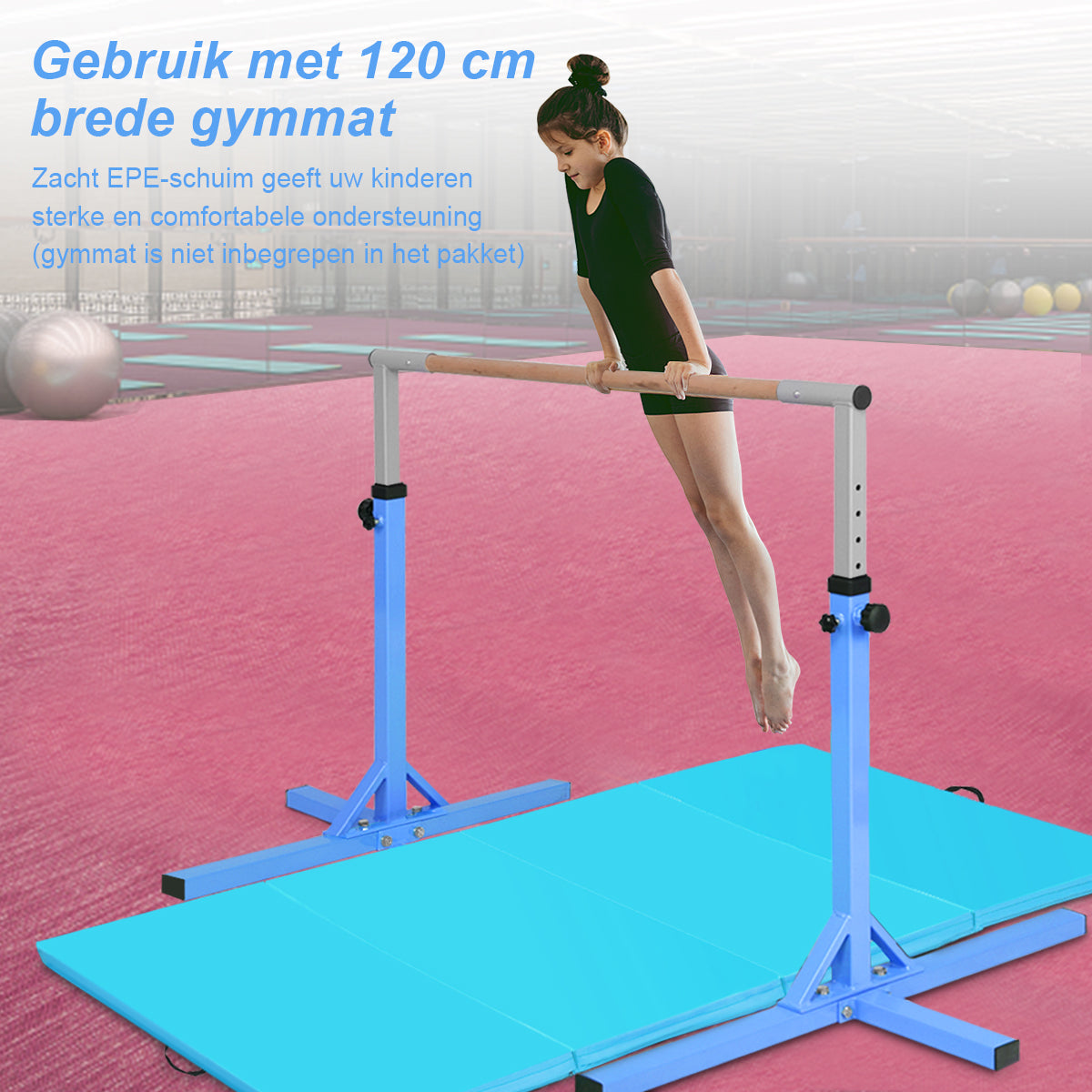 LIVSK Gymnastiek Rekstok - Hoogteverstelbaar - Stalen Constructie - Tot 100 kg - Antislip - Voor Kinderen - Blauw