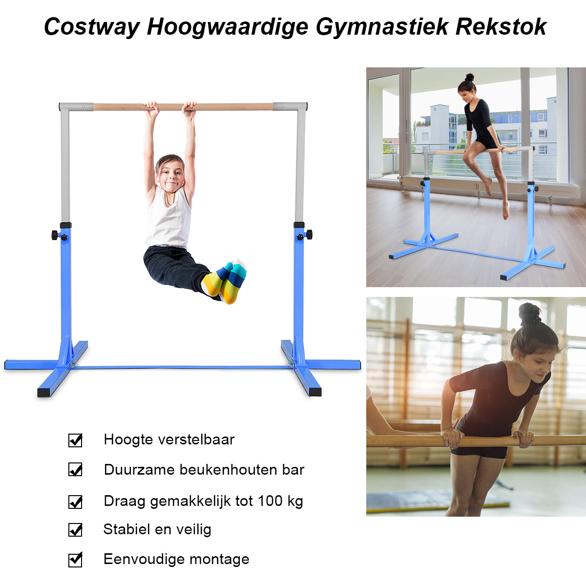 LIVSK Gymnastiek Rekstok - Hoogteverstelbaar - Stalen Constructie - Tot 100 kg - Antislip - Voor Kinderen - Blauw