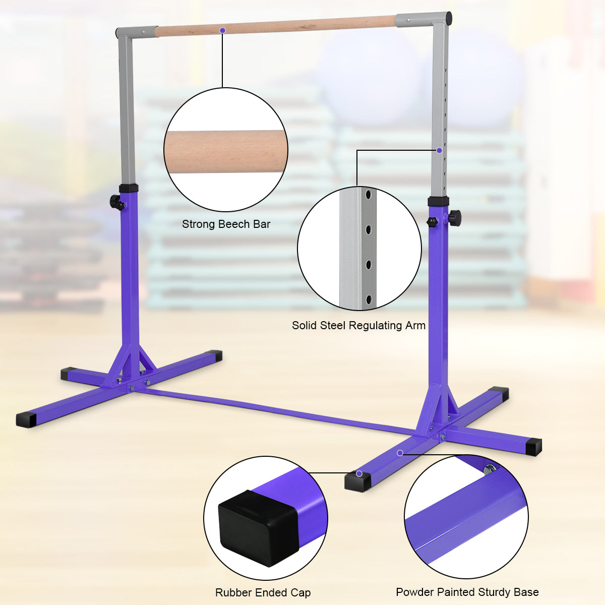LIVSK Gymnastiek Trainingsrekstok - Verstelbaar 90-150 cm - Stalen Frame - Antislip - Tot 100 kg - Paars