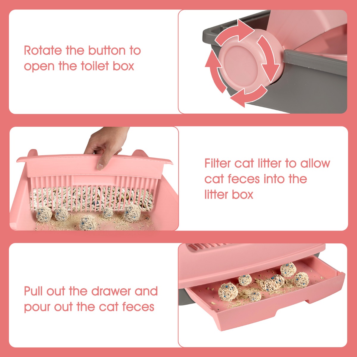 Livsk costway halfautomatische kattenbak met opening toilet met uitschuifbare lade roze 4