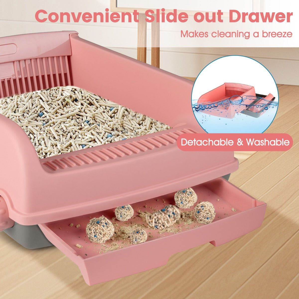 Livsk costway halfautomatische kattenbak met opening toilet met uitschuifbare lade roze 6