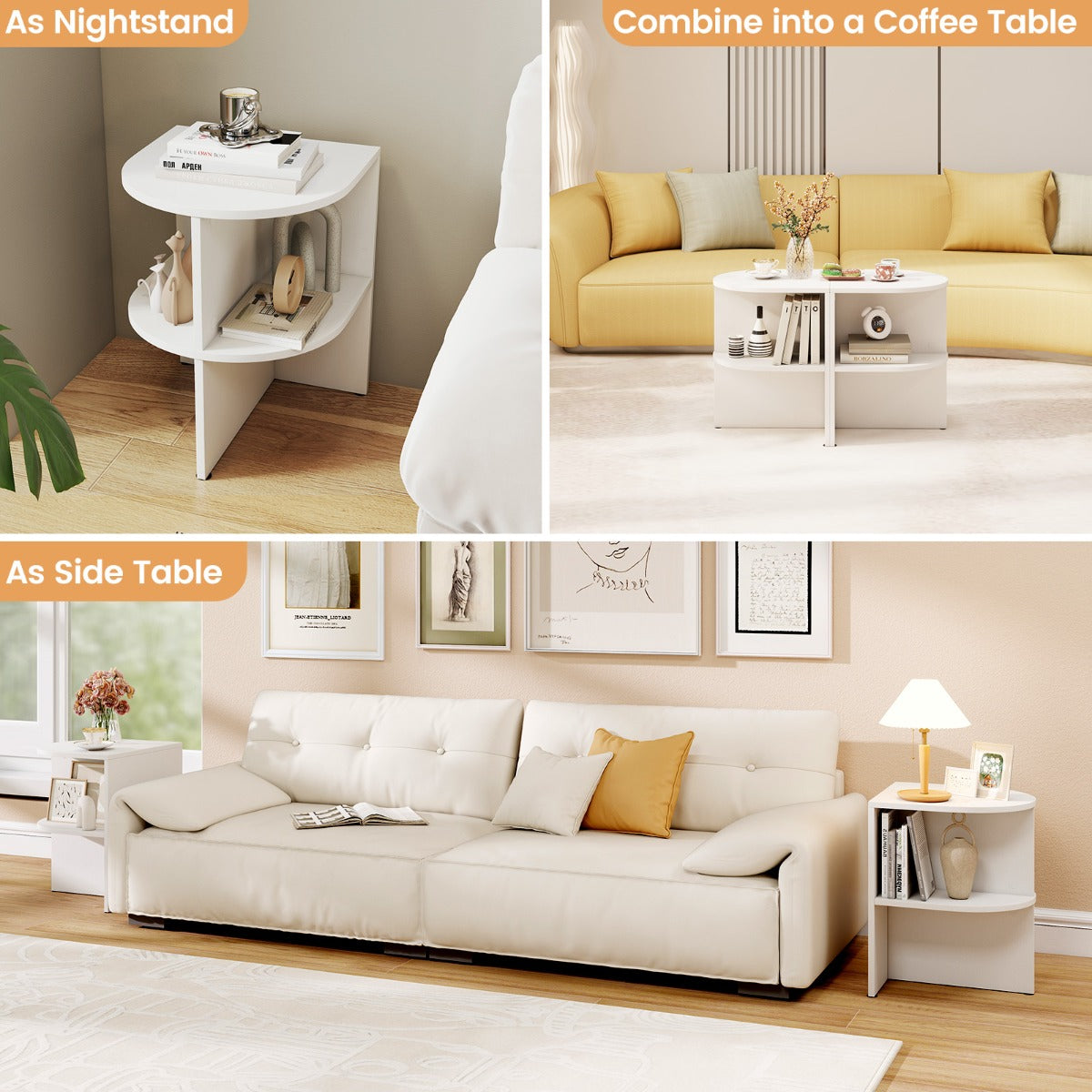 LIVSK Halfronde Bijzettafel - 2 Open Planken - Compact en Gebruiksvriendelijk - Eenvoudig te Reinigen - 38 x 38 x 48,5 cm - Wit