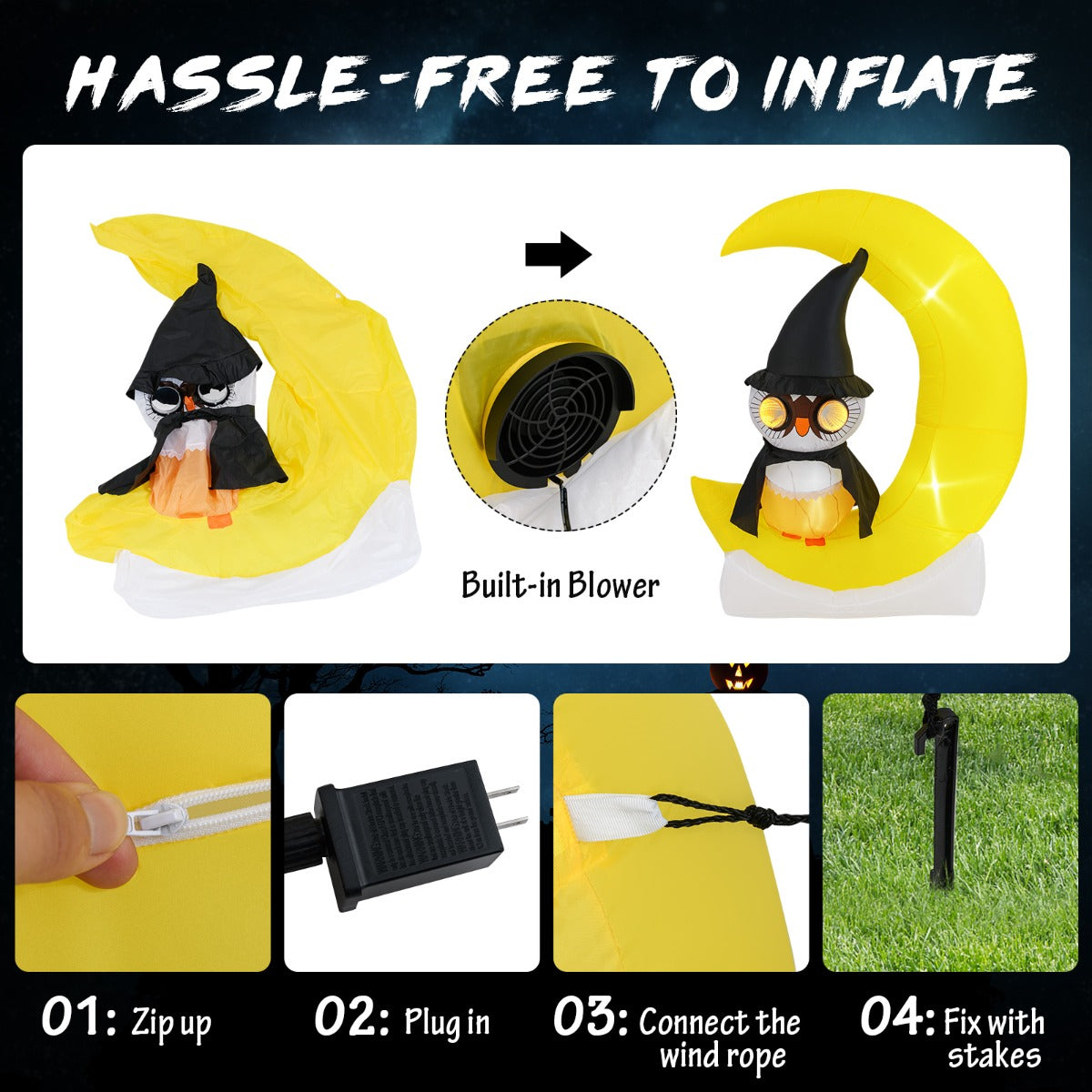 LIVSK Opblaasbare Halloween Uil op Maan - 3 LED-lampjes - Ingebouwde Blower - Weerbestendig - 130 x 60 x 155 cm - Zoals afgebeeld