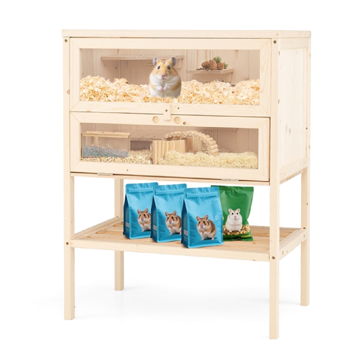 LIVSK Hamsterkooi - Opklapbaar Dak - Afsluitbare Deur - Draadgaas voor Ventilatie - Vurenhout - 60 x 40 x 80 cm - Natuurlijk