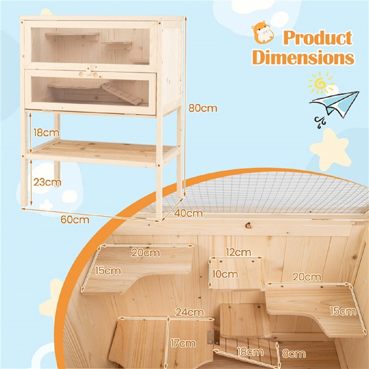 LIVSK Hamsterkooi - Opklapbaar Dak - Afsluitbare Deur - Draadgaas voor Ventilatie - Vurenhout - 60 x 40 x 80 cm - Natuurlijk