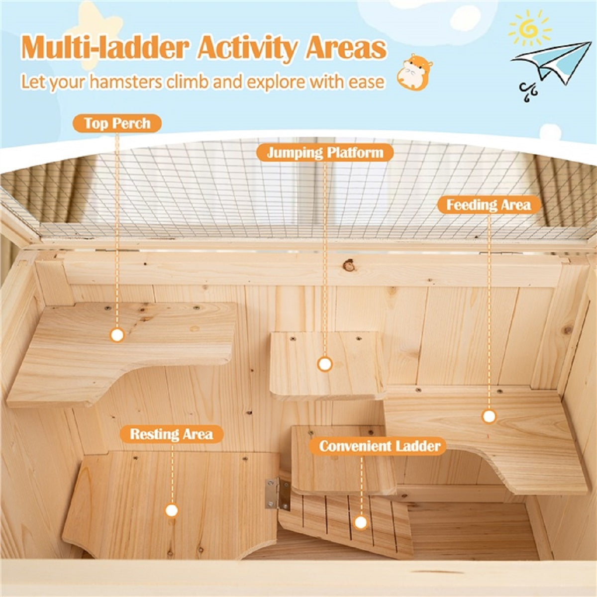 LIVSK Hamsterkooi - Opklapbaar Dak - Afsluitbare Deur - Draadgaas voor Ventilatie - Vurenhout - 60 x 40 x 80 cm - Natuurlijk