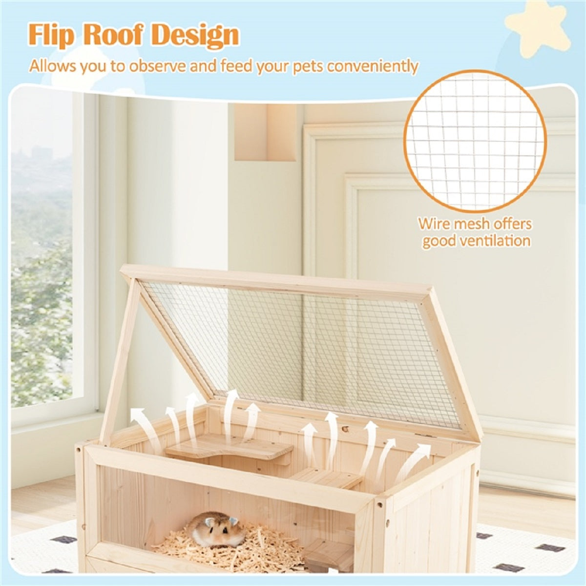 LIVSK Hamsterkooi - Opklapbaar Dak - Afsluitbare Deur - Draadgaas voor Ventilatie - Vurenhout - 60 x 40 x 80 cm - Natuurlijk