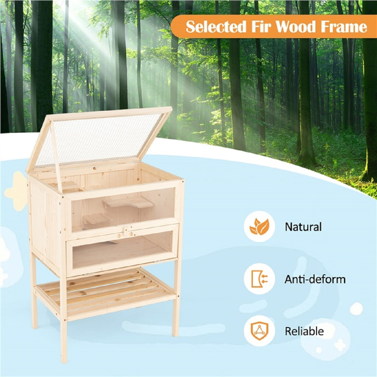 LIVSK Hamsterkooi - Opklapbaar Dak - Afsluitbare Deur - Draadgaas voor Ventilatie - Vurenhout - 60 x 40 x 80 cm - Natuurlijk