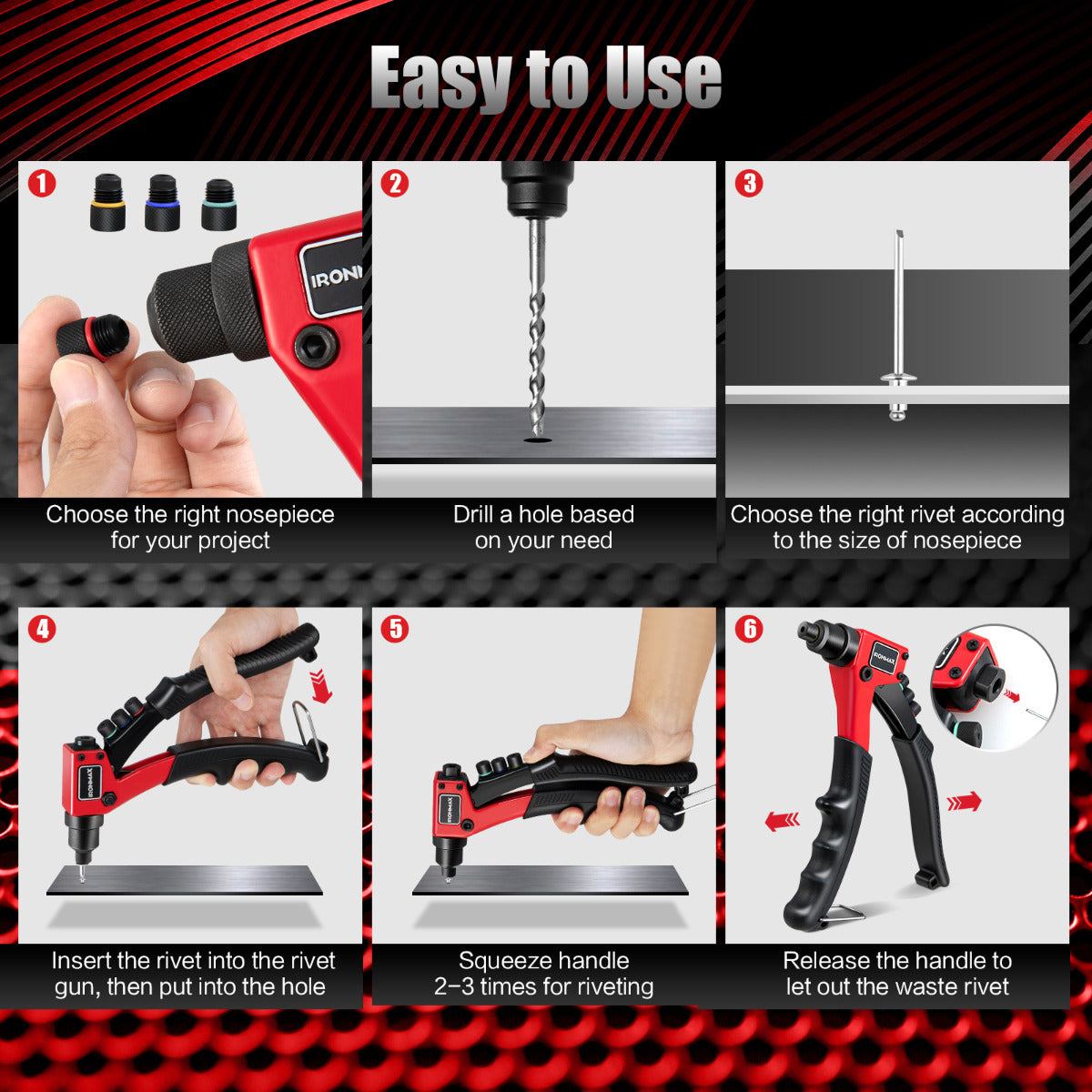 LIVSK Handriveteer - Ergonomisch Ontwerp - Krachtig en Duurzaam - Inclusief 4 Vervangbare Koppen en Draagtas - Zwart/Rood