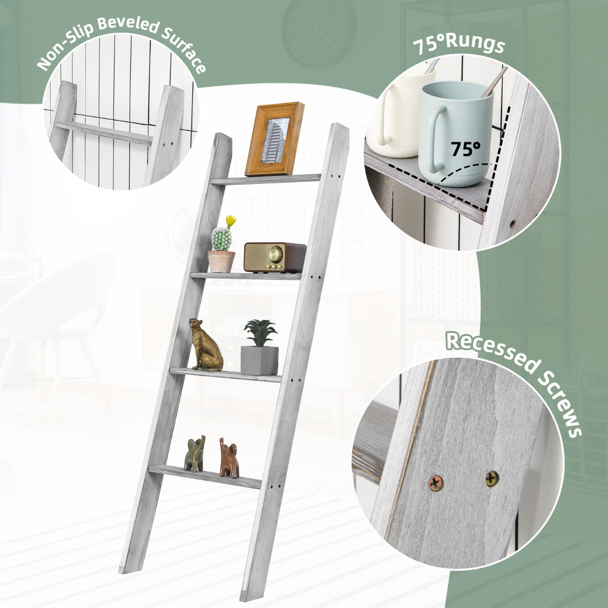 LIVSK Vrijstaande Ladderplank - Stevig Dennenhout - Draagvermogen 80 kg - Antislip - Eenvoudige Montage - Grijs